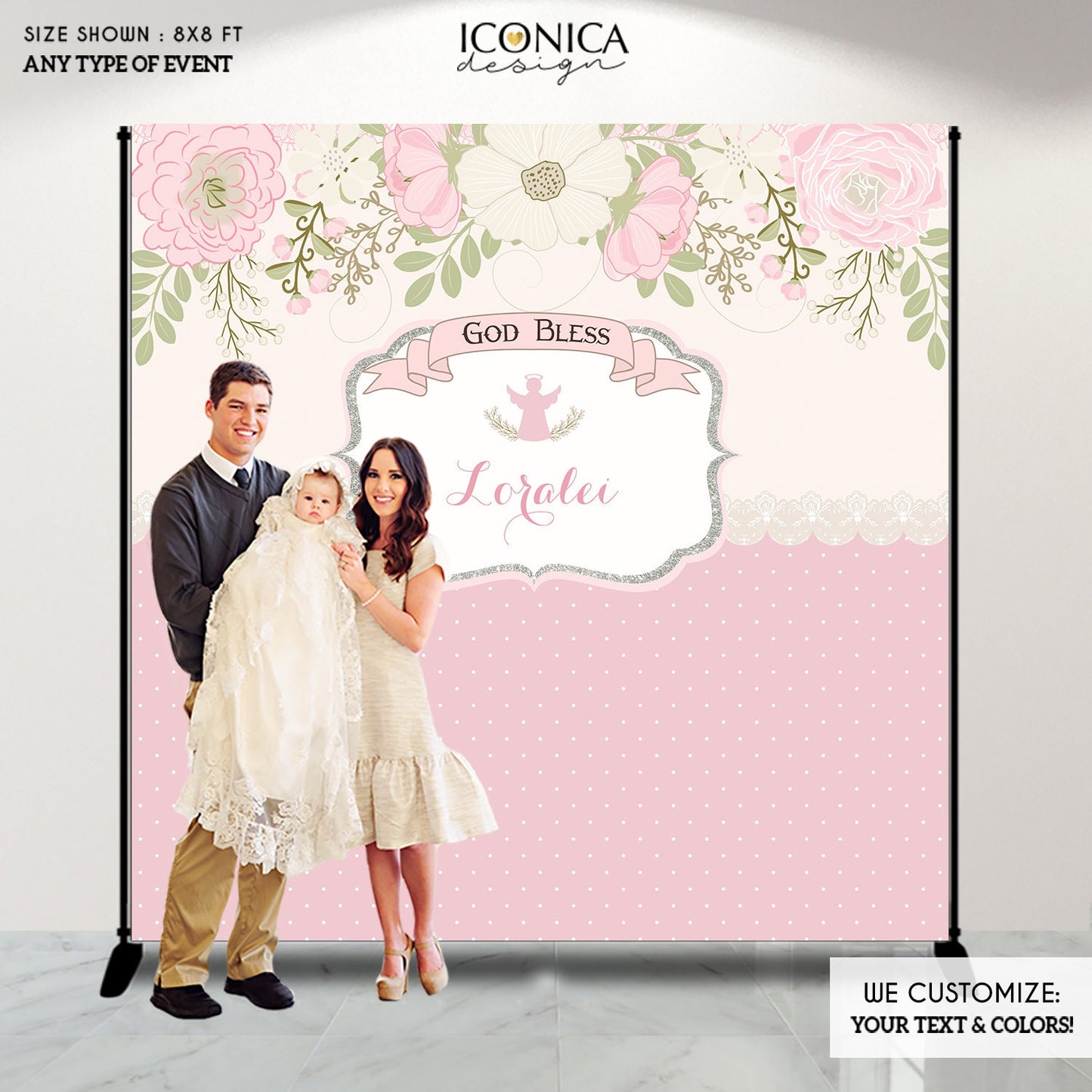Floral Baptism Banner, Silver Glitter Angel, Personalized Backdrop