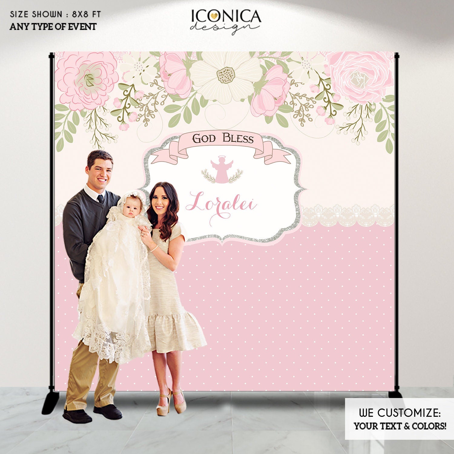 Floral Baptism Banner, Silver Glitter Angel, Personalized Backdrop