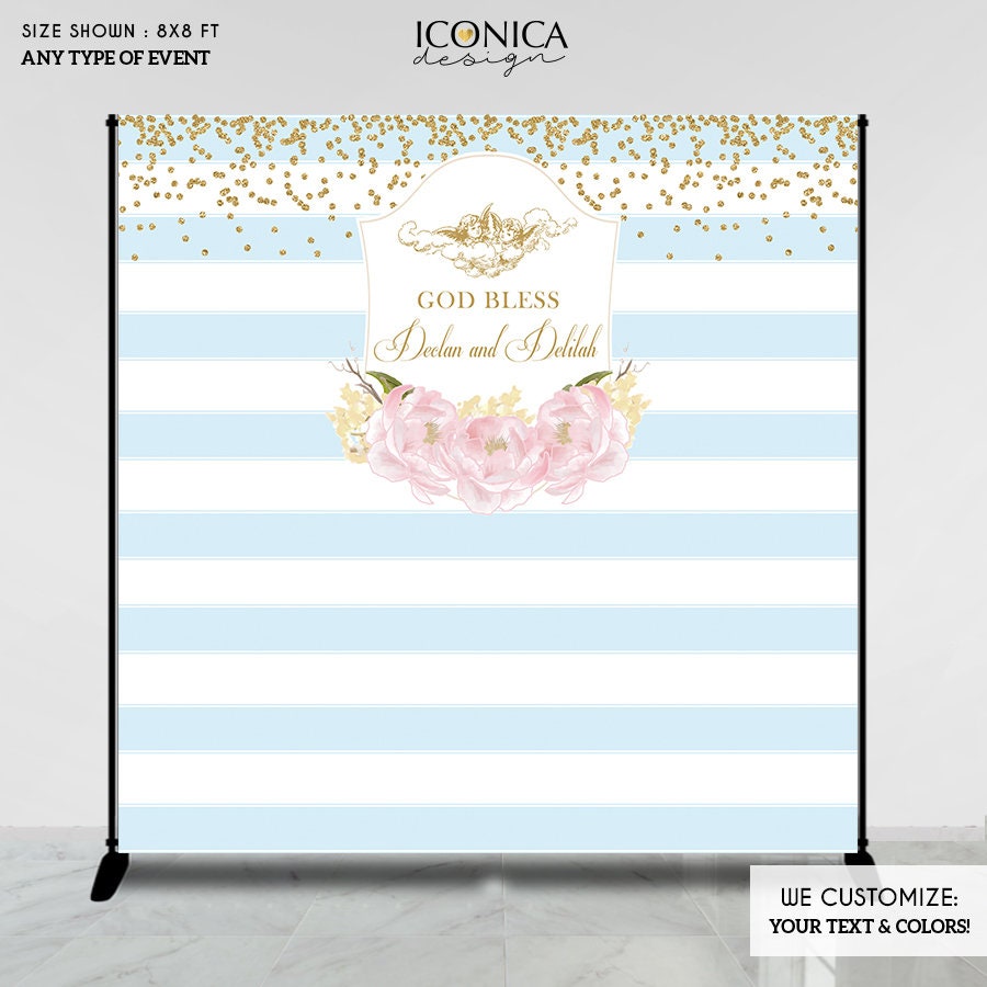 Floral First Communion Backdrop, Striped Baptism Banner (Printed or Printable File)