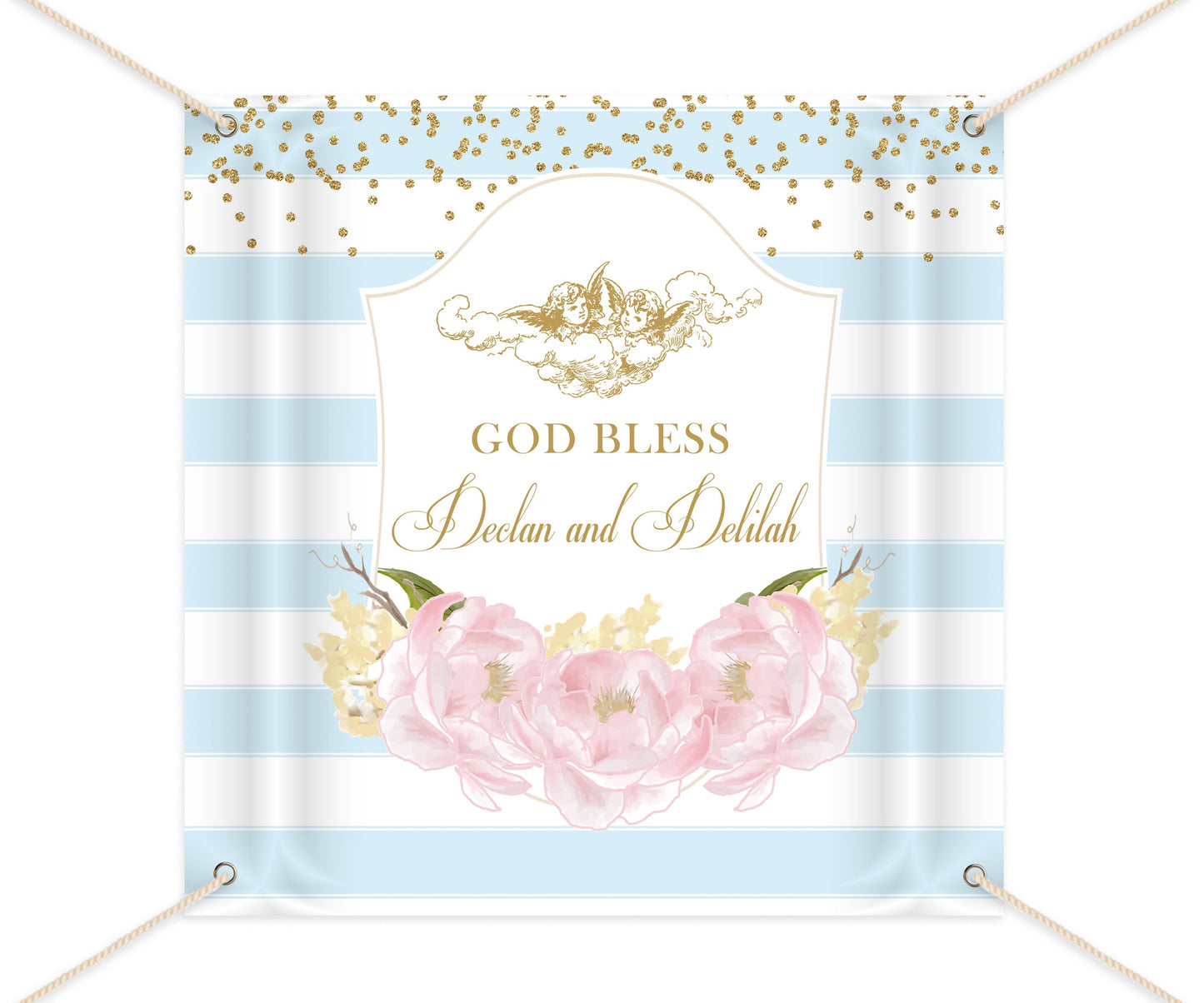 Floral First Communion Backdrop, Striped Baptism Banner (Printed or Printable File)