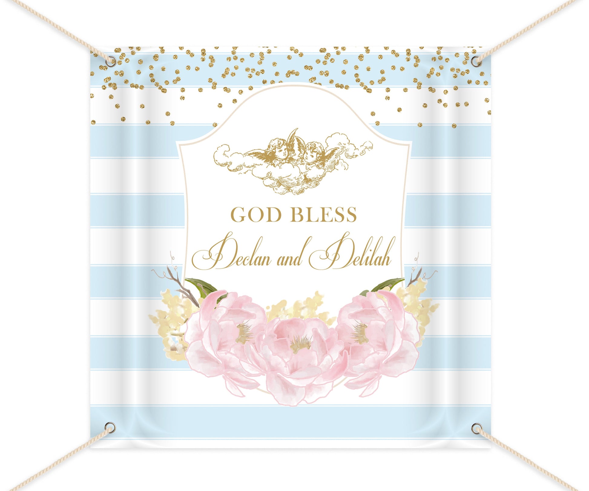 Floral First Communion Backdrop, Striped Baptism Banner (Printed or Printable File)