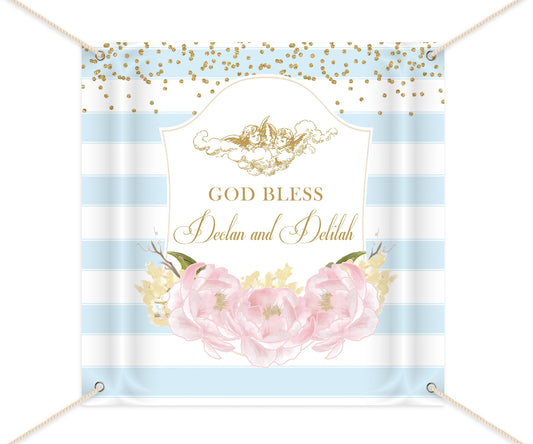 Floral First Communion Backdrop, Striped Baptism Banner (Printed or Printable File)