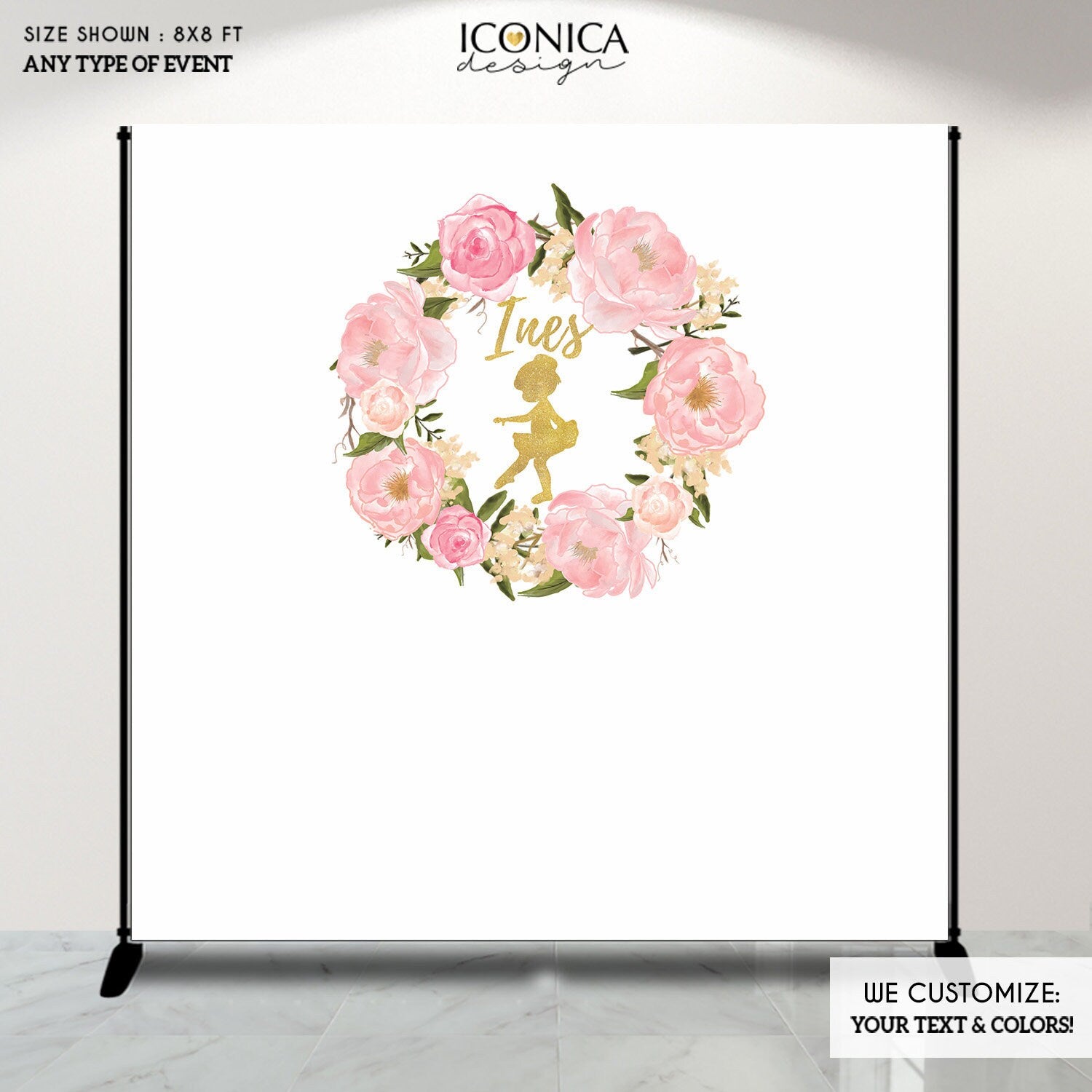 Ballerina Photo Backdrop, Faux Gold Glitter, Garden Party (Printed or Printable File)
