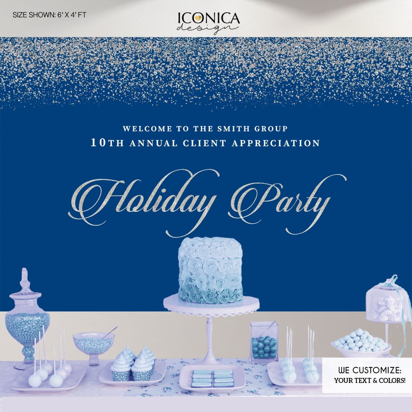 Blue Holiday Party Backdrop, Silver Sparkles, Custom Event Banner (Printed or Printable File)