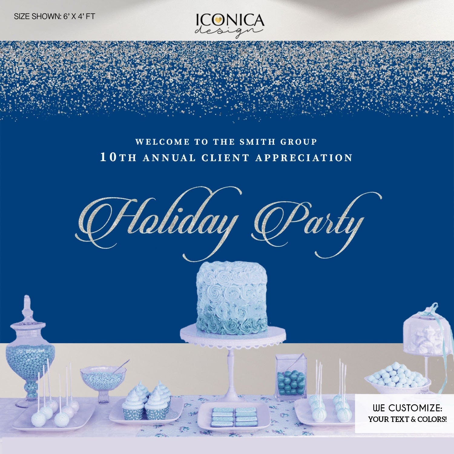 Blue Holiday Party Backdrop, Silver Sparkles, Custom Event Banner (Printed or Printable File)