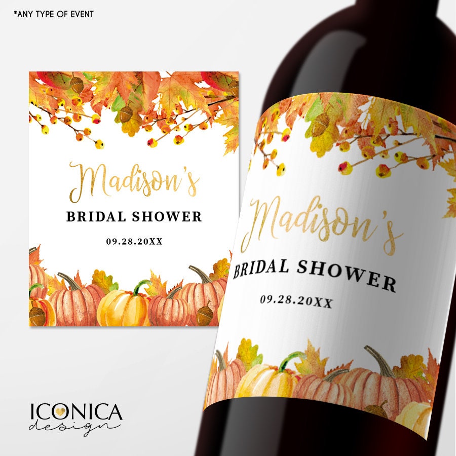 Custom Fall Beverage Labels, Pumpkin Bridal Shower, Any Text (Digital or Printed)