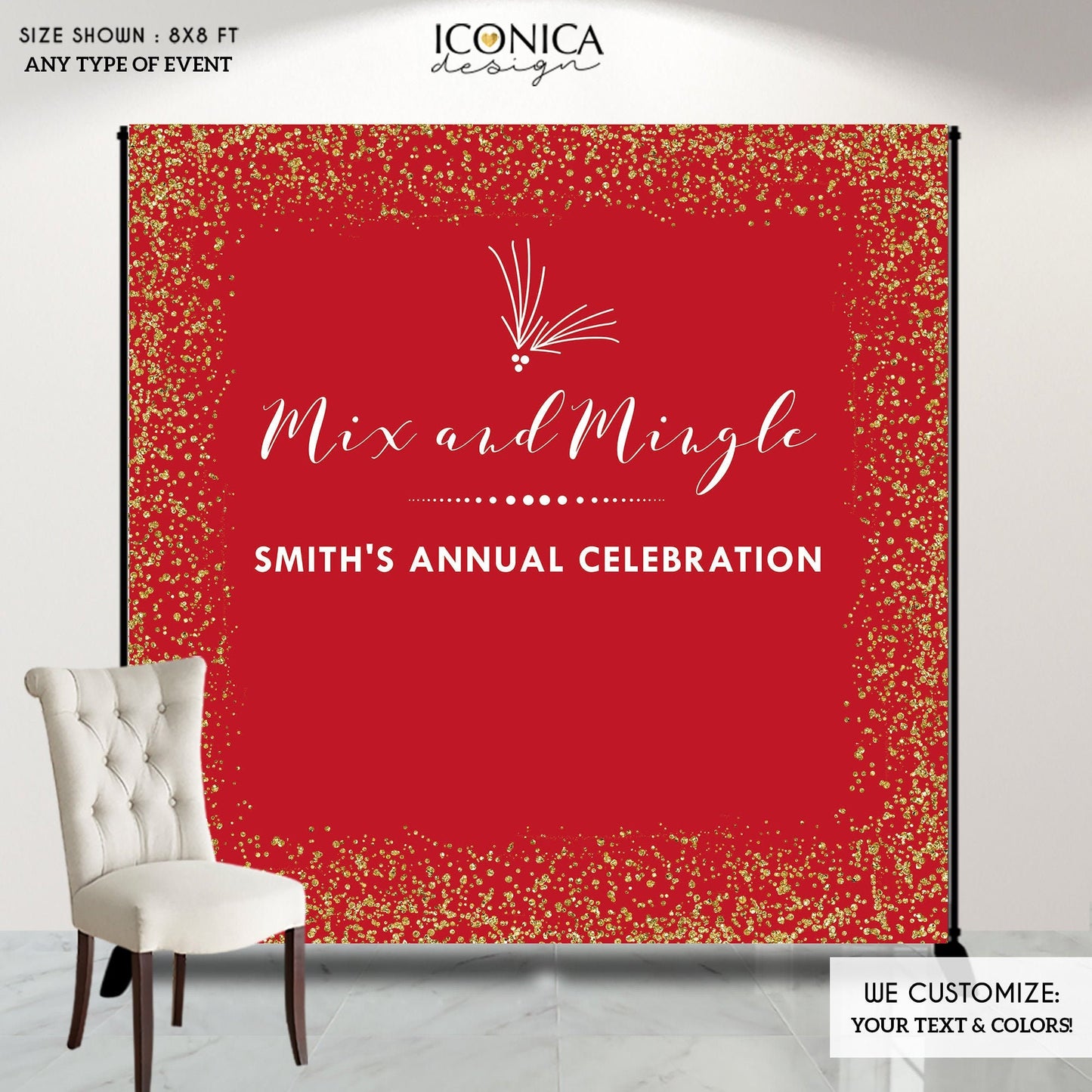 Custom Holiday Photo Booth Backdrop, Christmas Party Banner (Printed or Printable File)