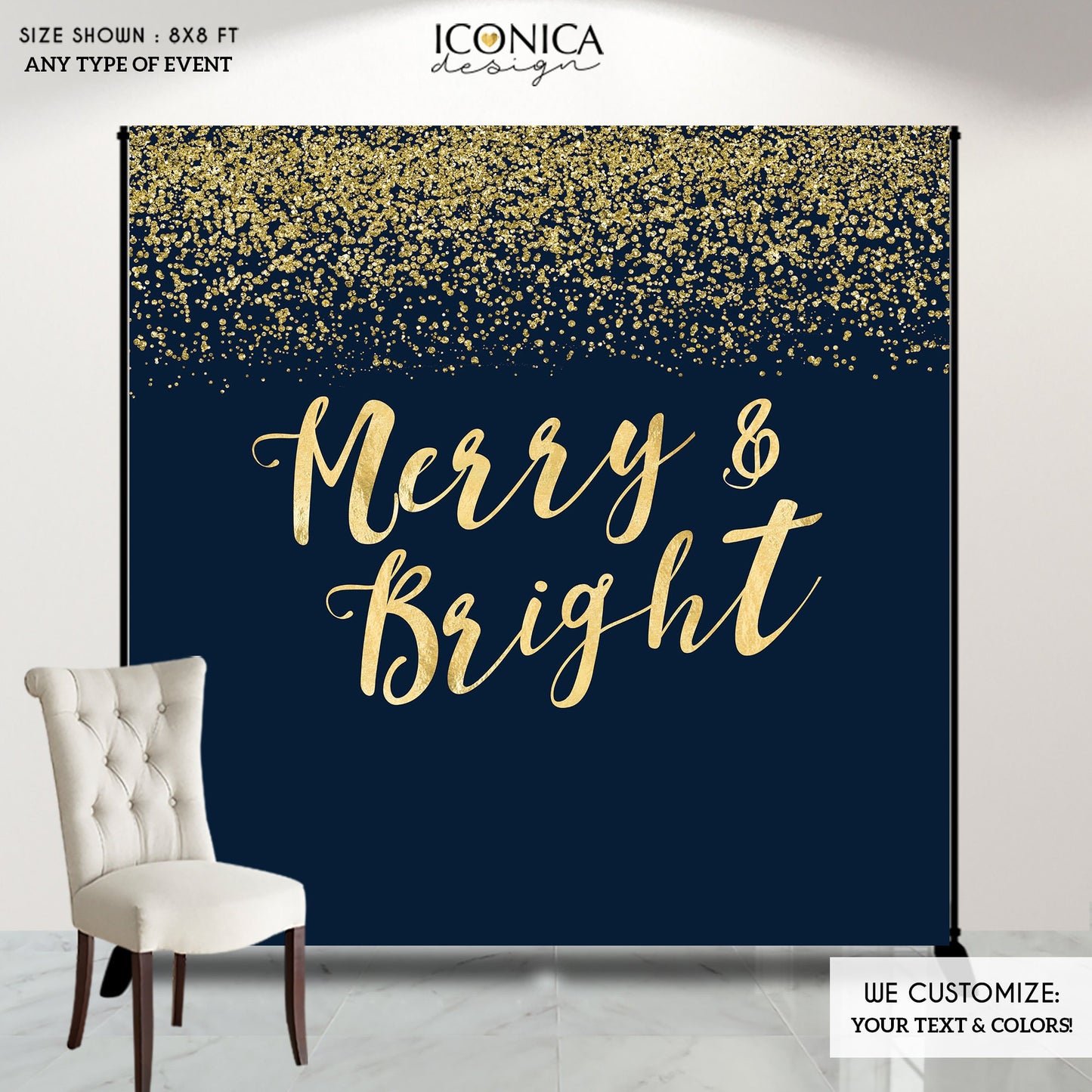 Christmas 'Merry & Bright' Backdrop, Holiday Party Photo Booth (Printed or Printable File)