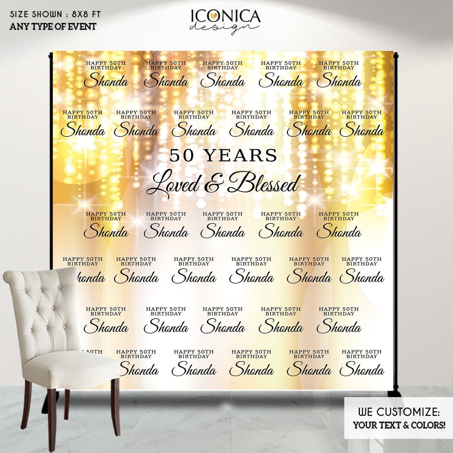 Personalized 50th Birthday Backdrop, Gold Party Banner