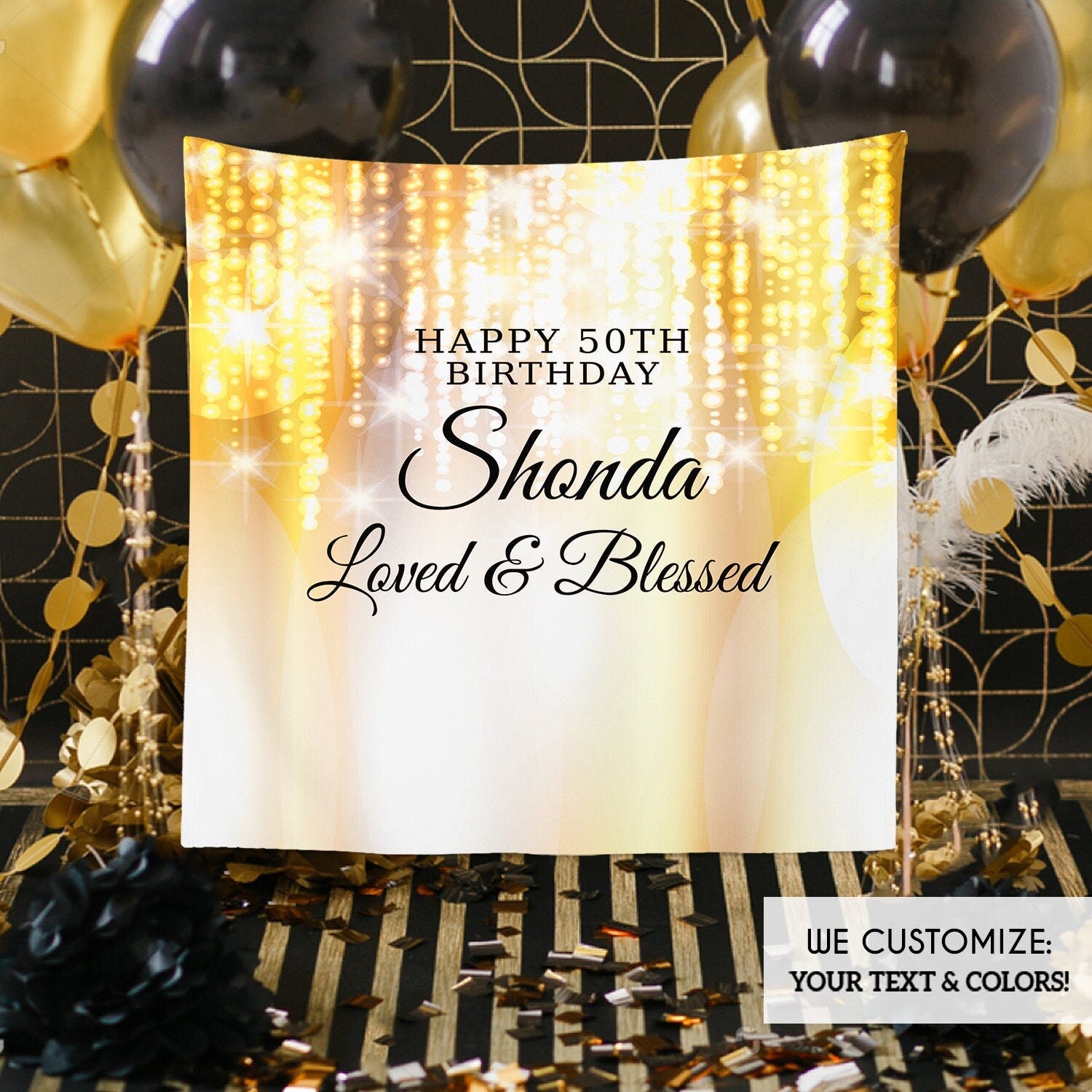 Personalized 50th Birthday Backdrop, Gold Party Banner