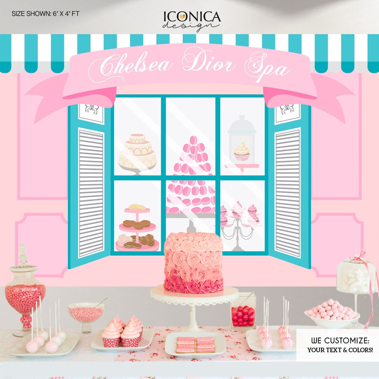 French Cafe Spa Party Backdrop, Pink & Aqua Banner (Digital or Printed)