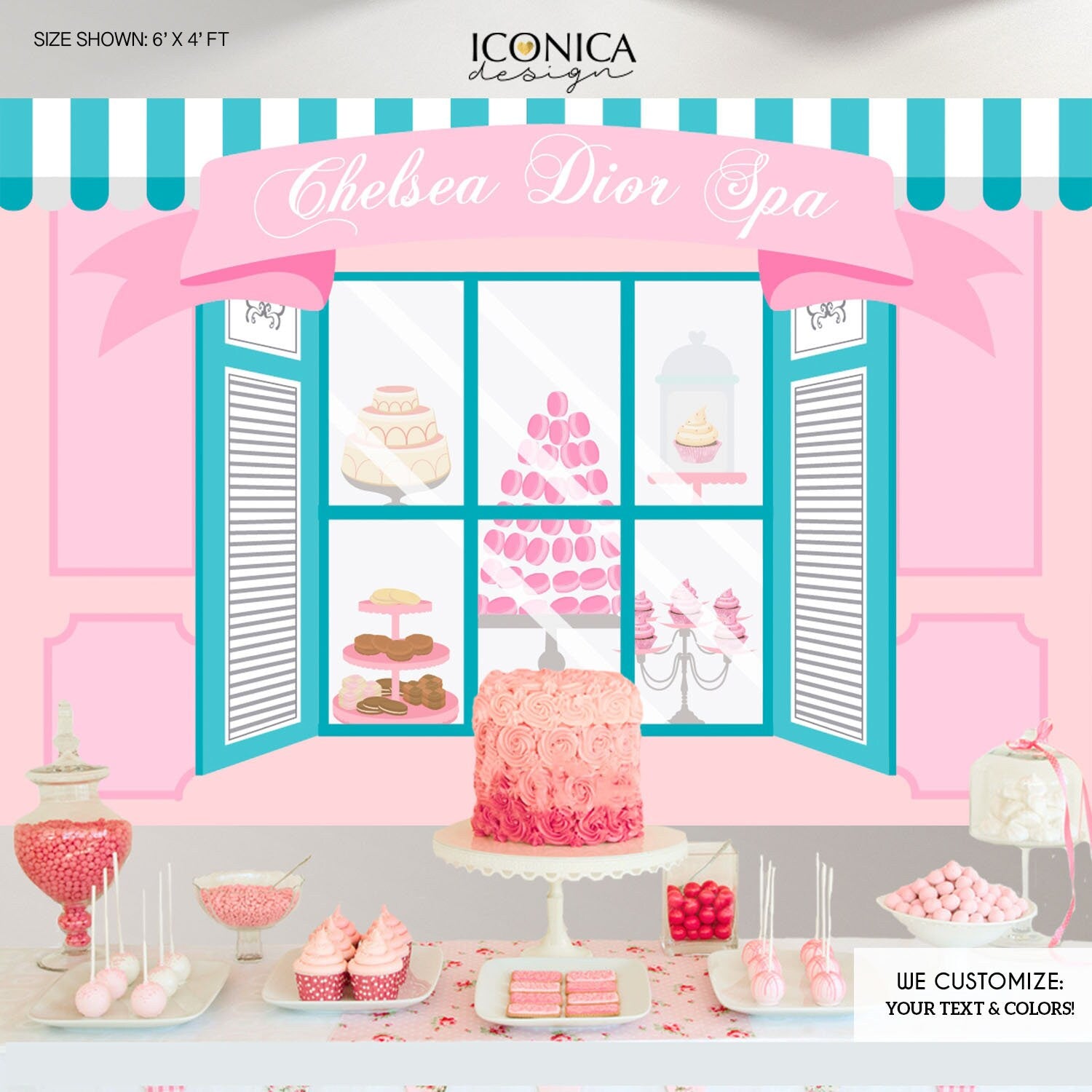 French Cafe Spa Party Backdrop, Pink & Aqua Banner (Digital or Printed)