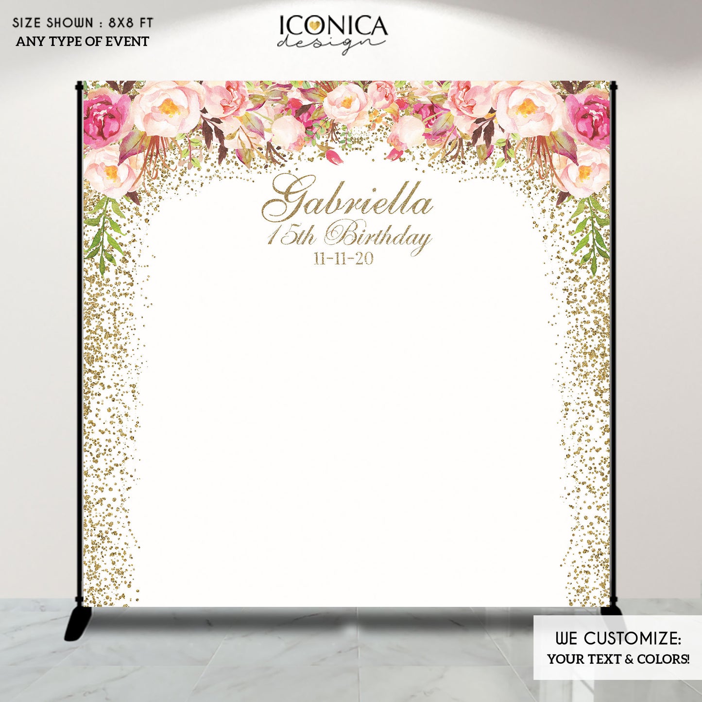 Personalized Birthday Backdrop, Watercolor Peonies, Custom Text & Age