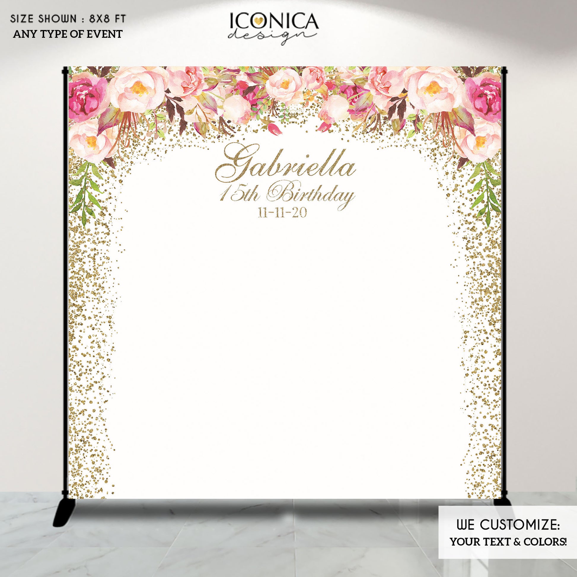 Personalized Birthday Backdrop, Watercolor Peonies, Custom Text & Age