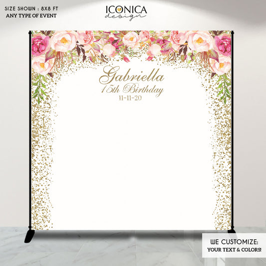 Personalized Birthday Backdrop, Watercolor Peonies, Custom Text & Age