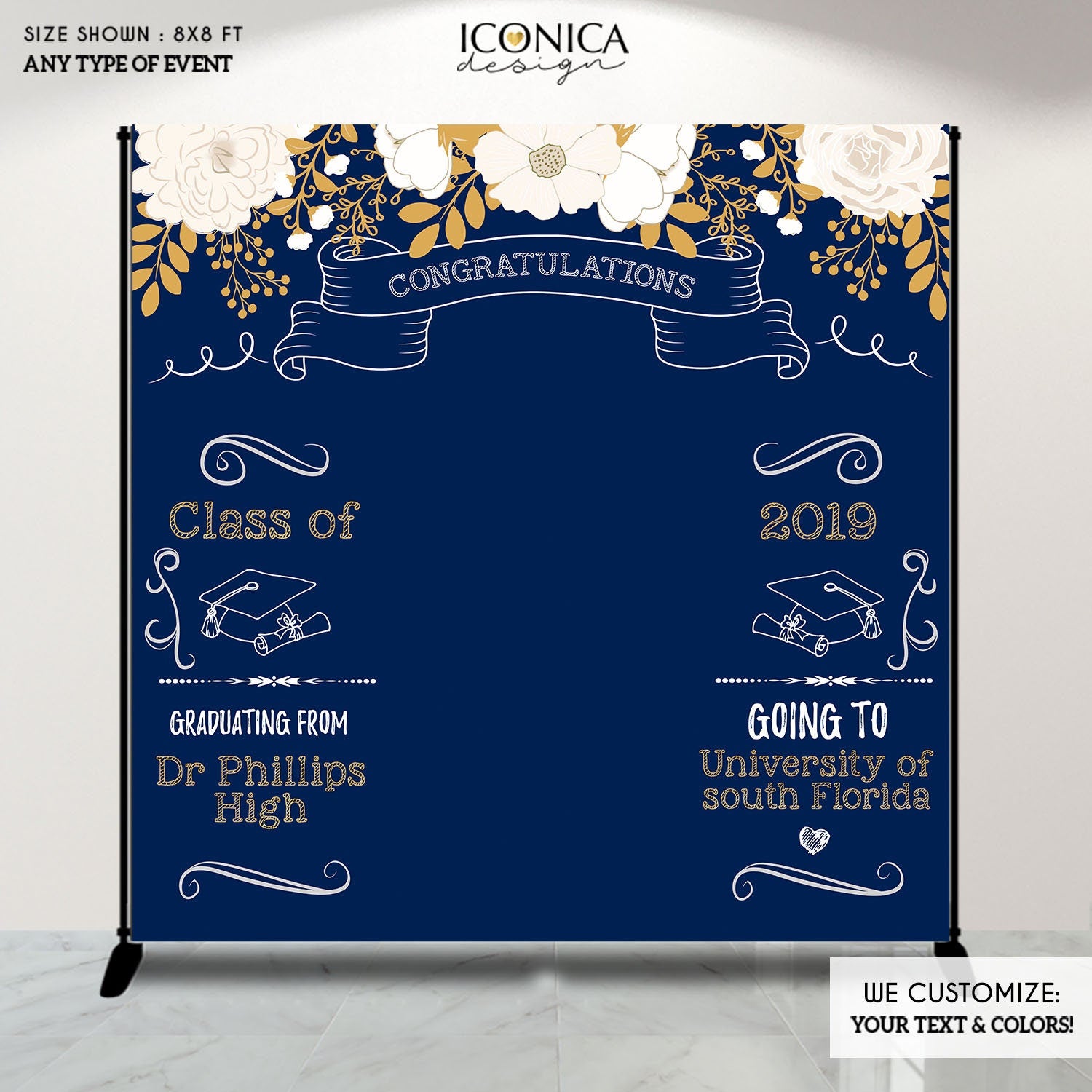 Floral Graduation Photo Booth Backdrop, Custom Step and Repeat (Printed or Printable File)