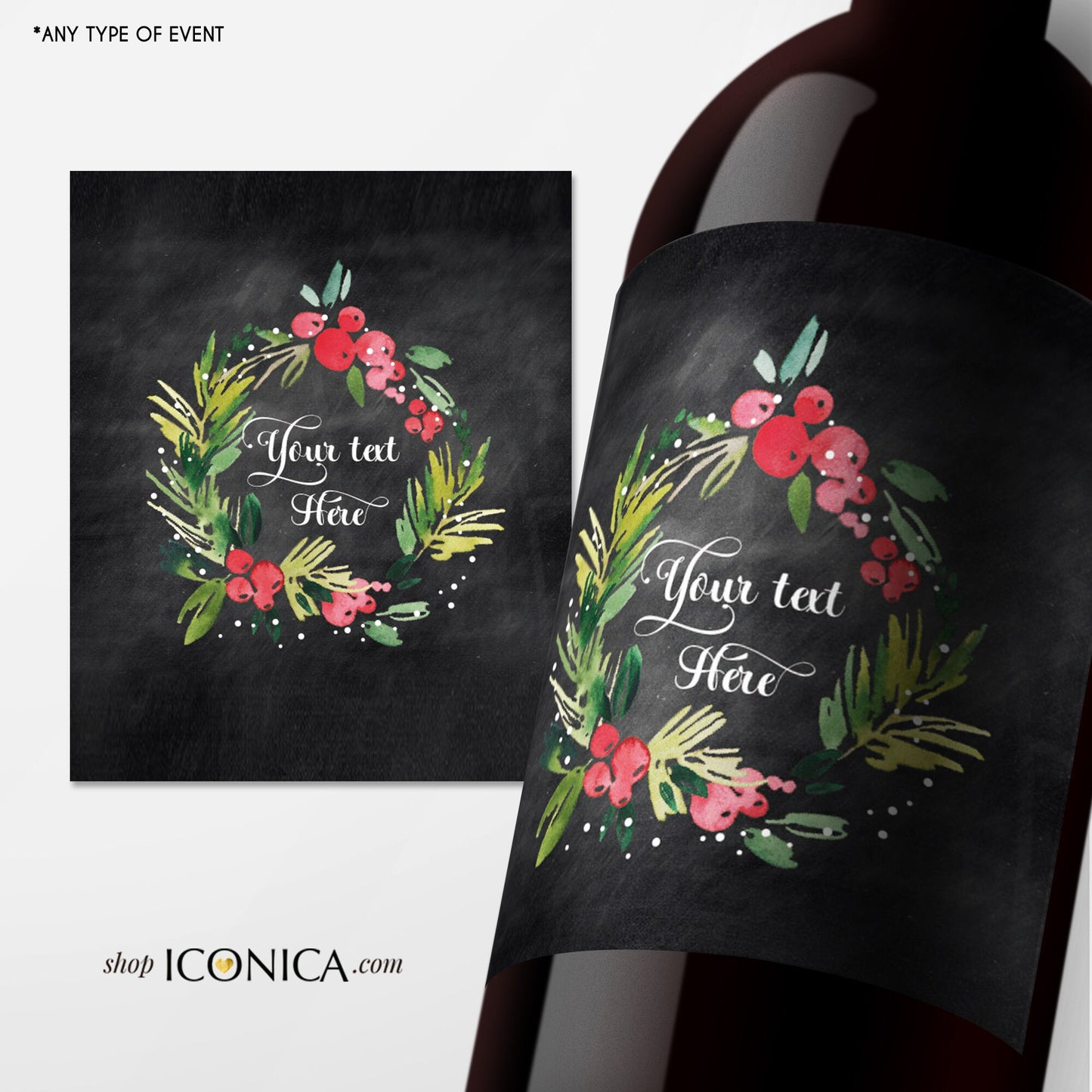 Personalized Christmas Wreath Wine Labels, Holiday Bottle Wrappers (Digital or Printed)