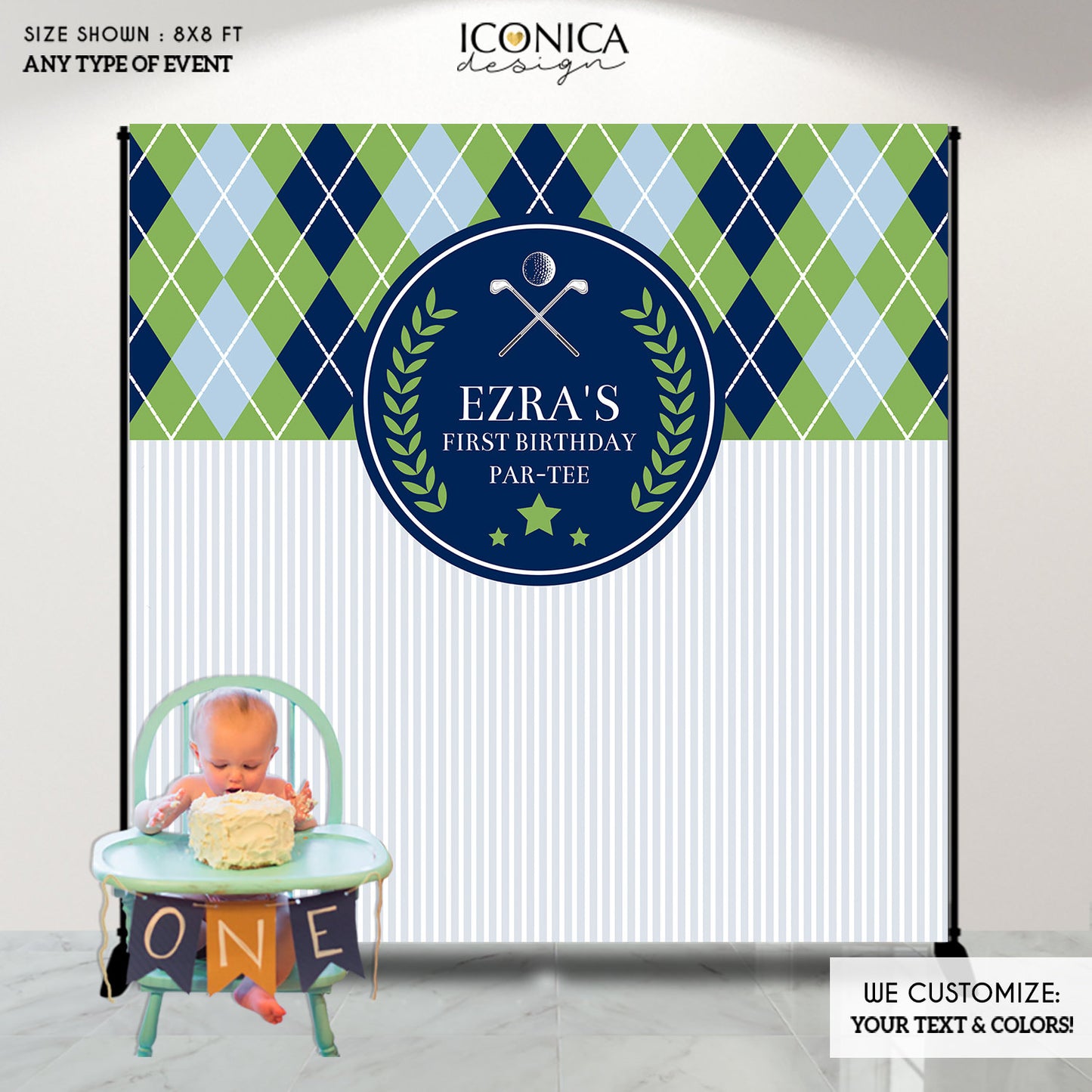 Golf Birthday Backdrop, Argyle Print, Personalized Party Decor (Printed or Printable File)