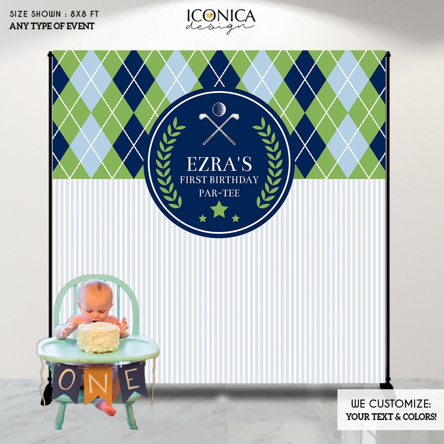 Golf Birthday Backdrop, Argyle Print, Personalized Party Decor (Printed or Printable File)