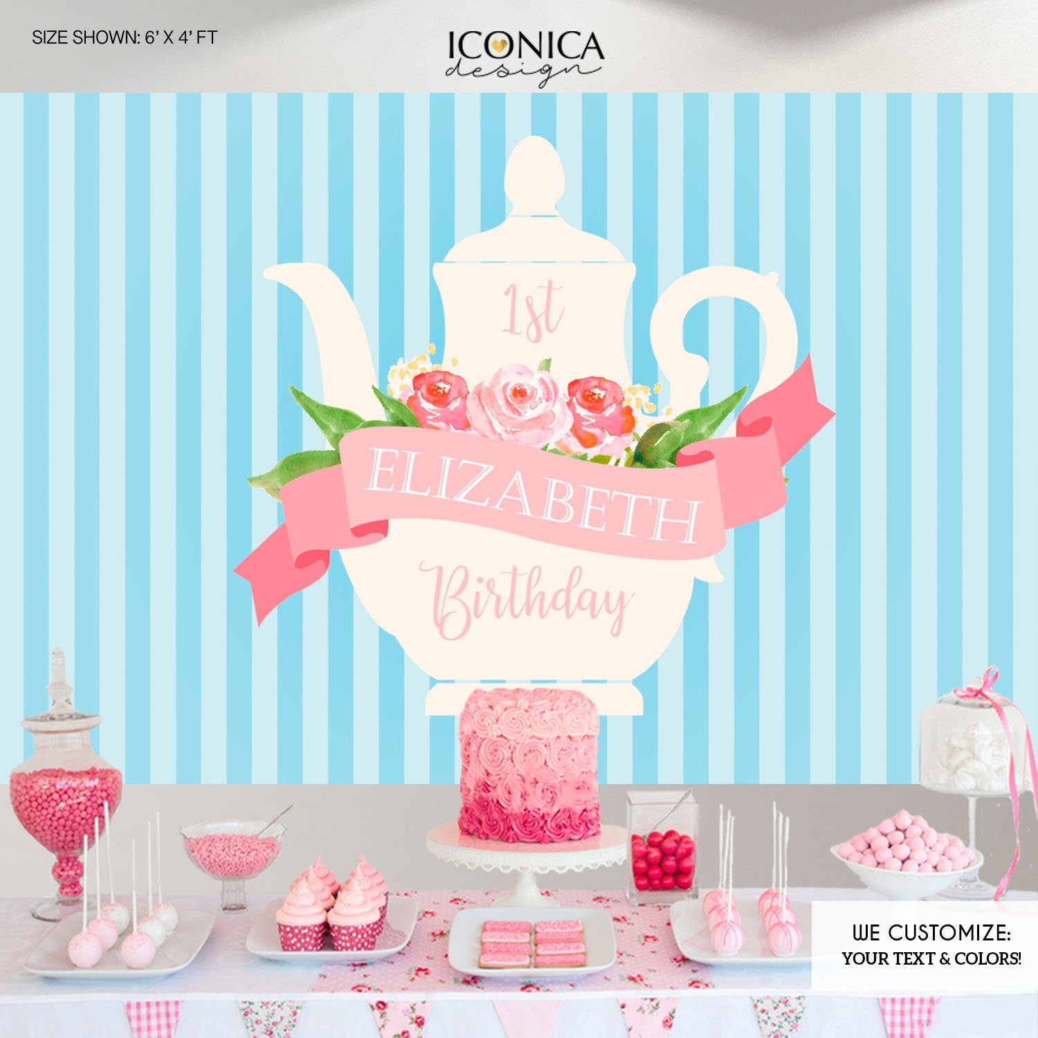 Tea Party Birthday Backdrop, Floral Pink and Blue, Custom Age (Printed or Printable)