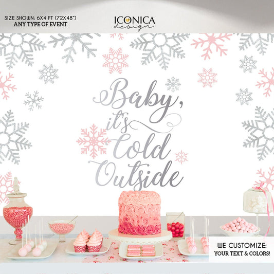 Winter Wonderland Backdrop, Pink Silver Snowflakes, Baby Shower