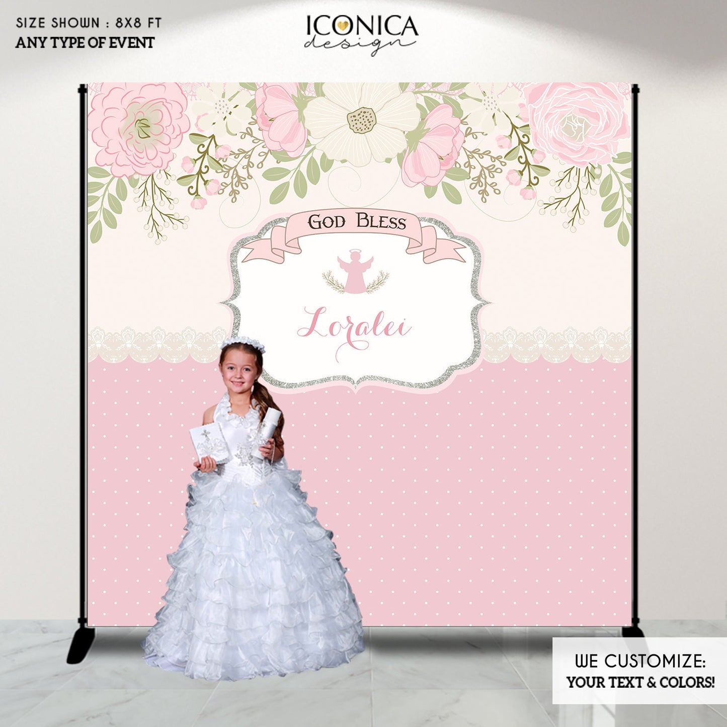 Floral Baptism Banner, Silver Glitter Angel, Personalized Backdrop