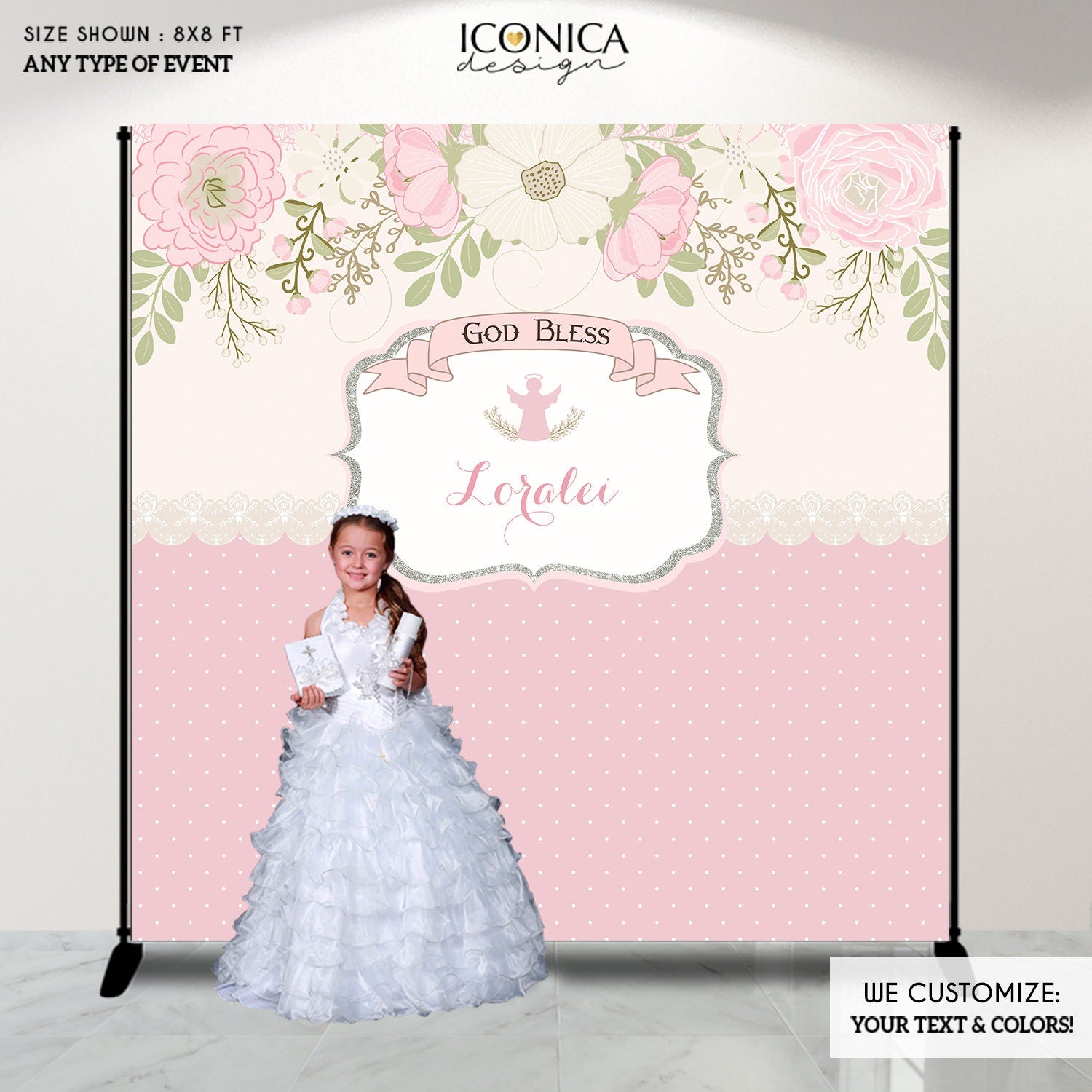 Floral Baptism Banner, Silver Glitter Angel, Personalized Backdrop