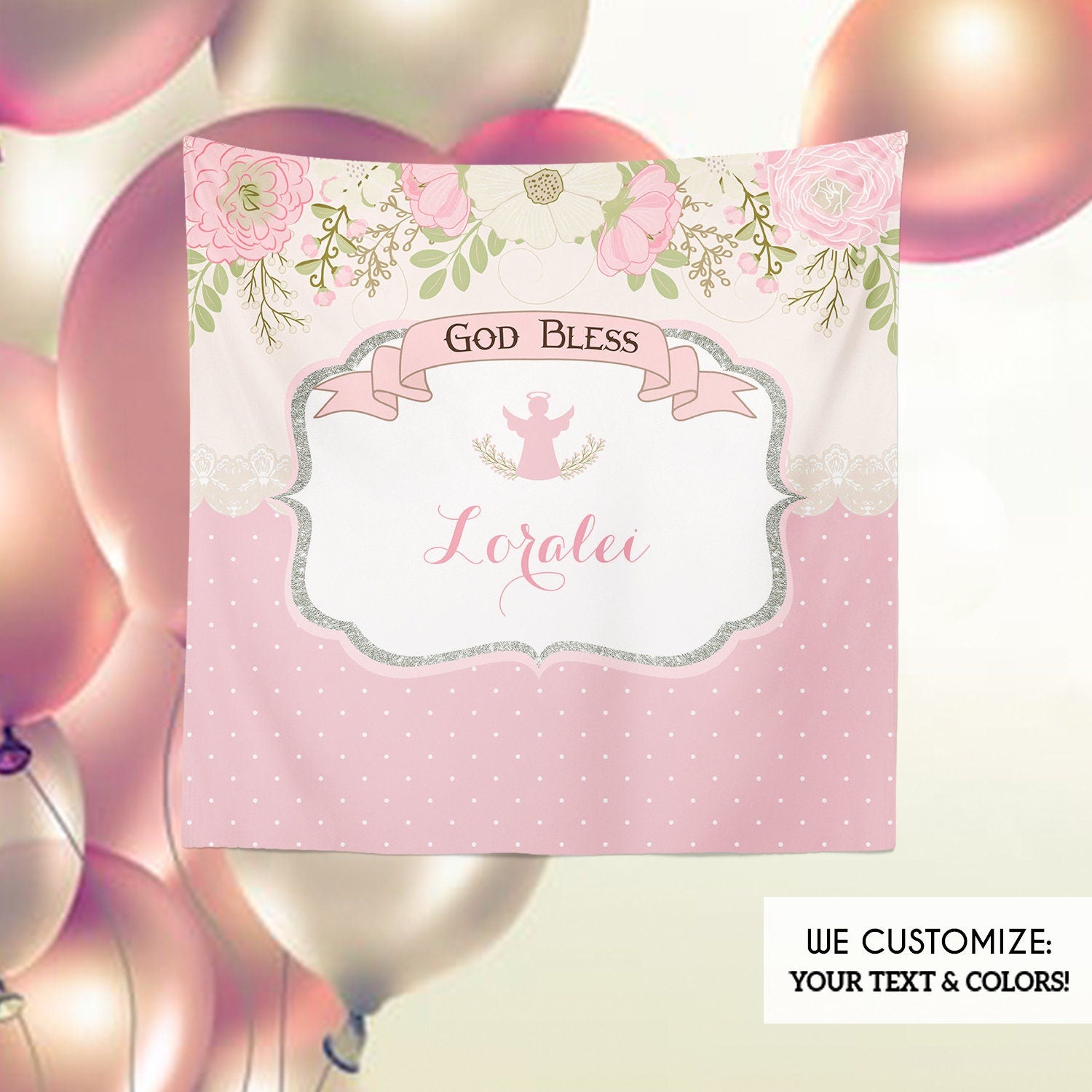 Floral Baptism Banner, Silver Glitter Angel, Personalized Backdrop