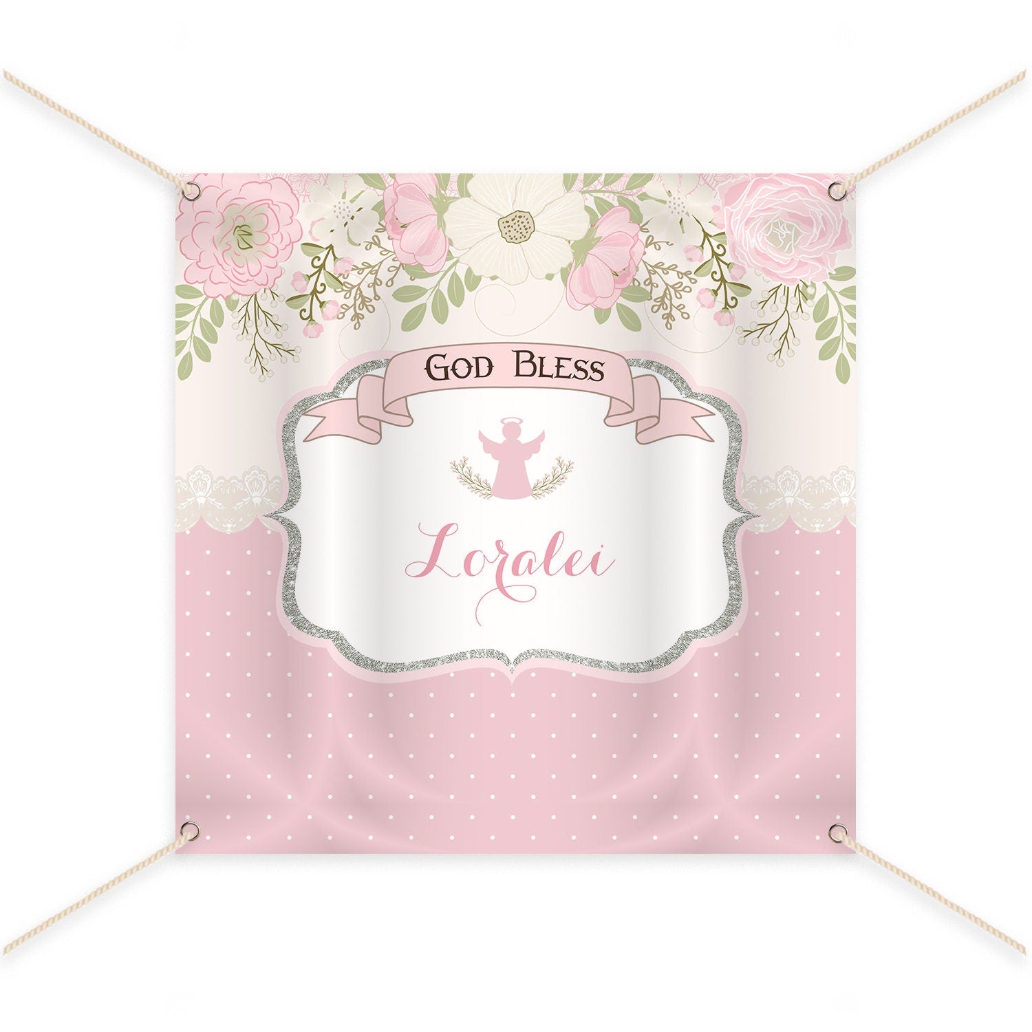 Floral Baptism Banner, Silver Glitter Angel, Personalized Backdrop