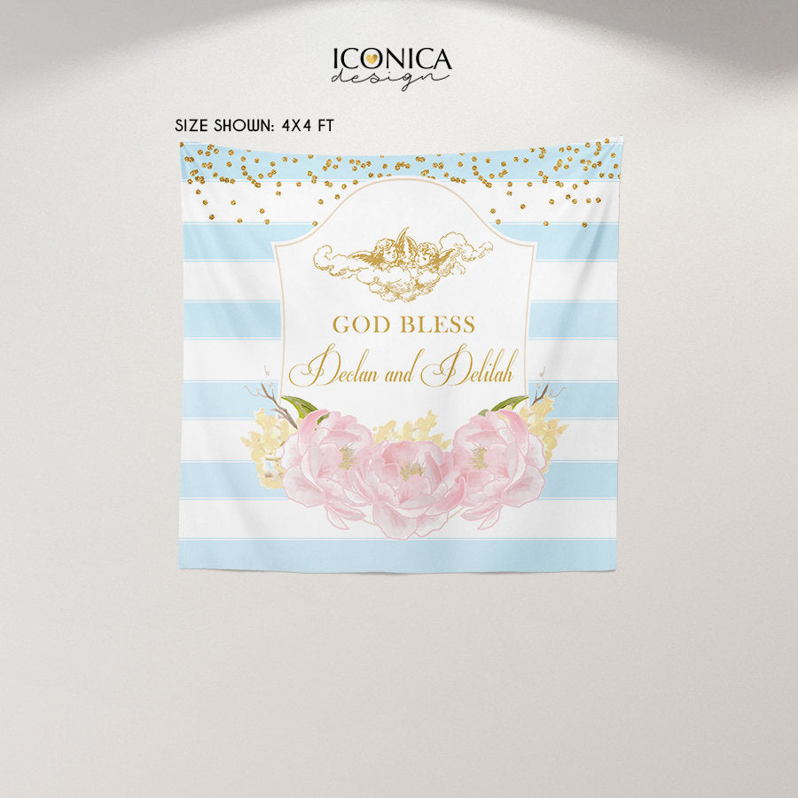 Floral First Communion Backdrop, Striped Baptism Banner (Printed or Printable File)