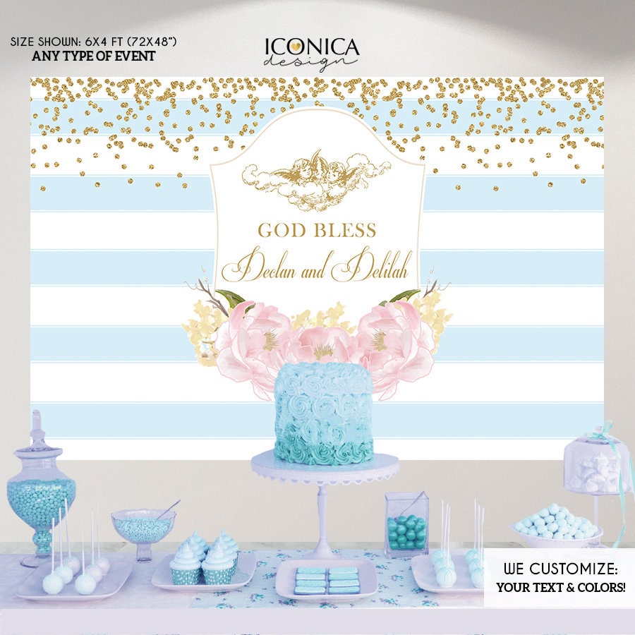 Floral First Communion Backdrop, Striped Baptism Banner (Printed or Printable File)