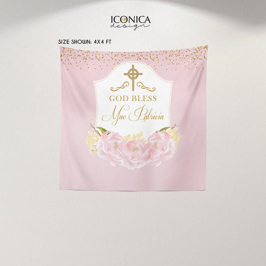 Floral Baptism Backdrop, Pink Peonies, Christening Decor (Printed or Printable File)