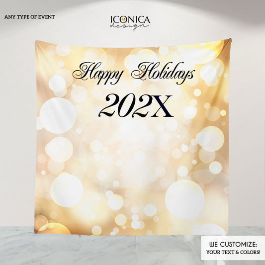 Holiday Party Backdrop,Printed Gold Bokeh backdrop,Christmas Party Photo Backdrop,Gold and Black Corporate event decorations