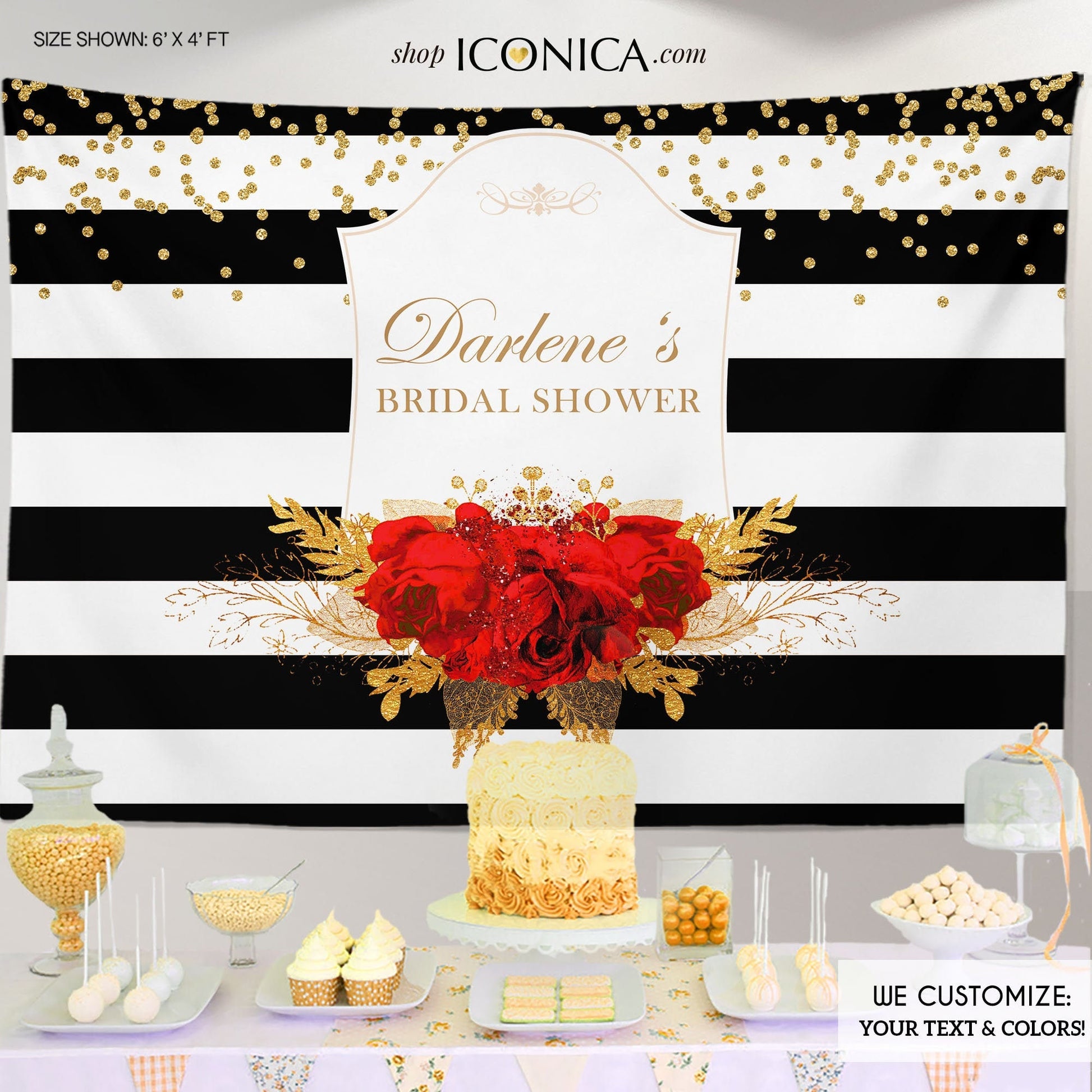 Black and White Bridal Shower Backdrop, Red Roses, Gold Floral (Printed or Printable File)