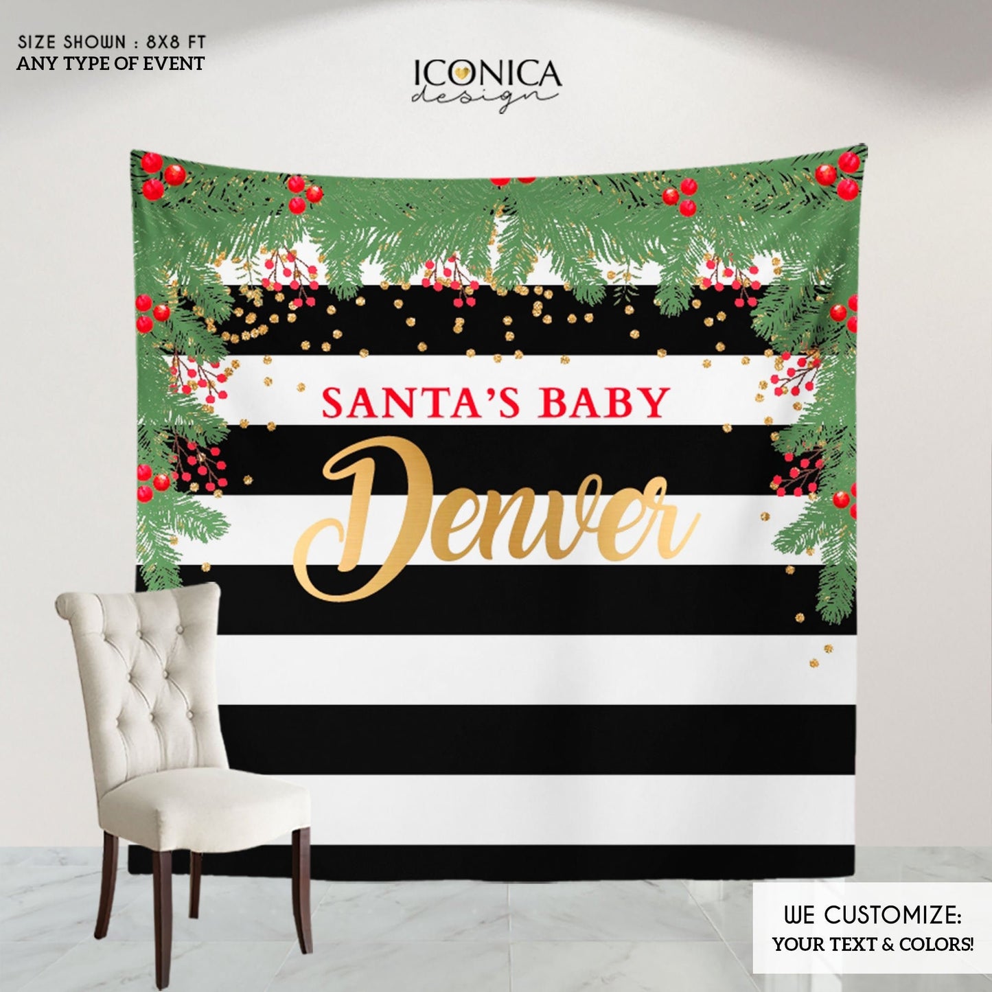 Personalized Christmas Wreath Backdrop, Holiday Party Decor