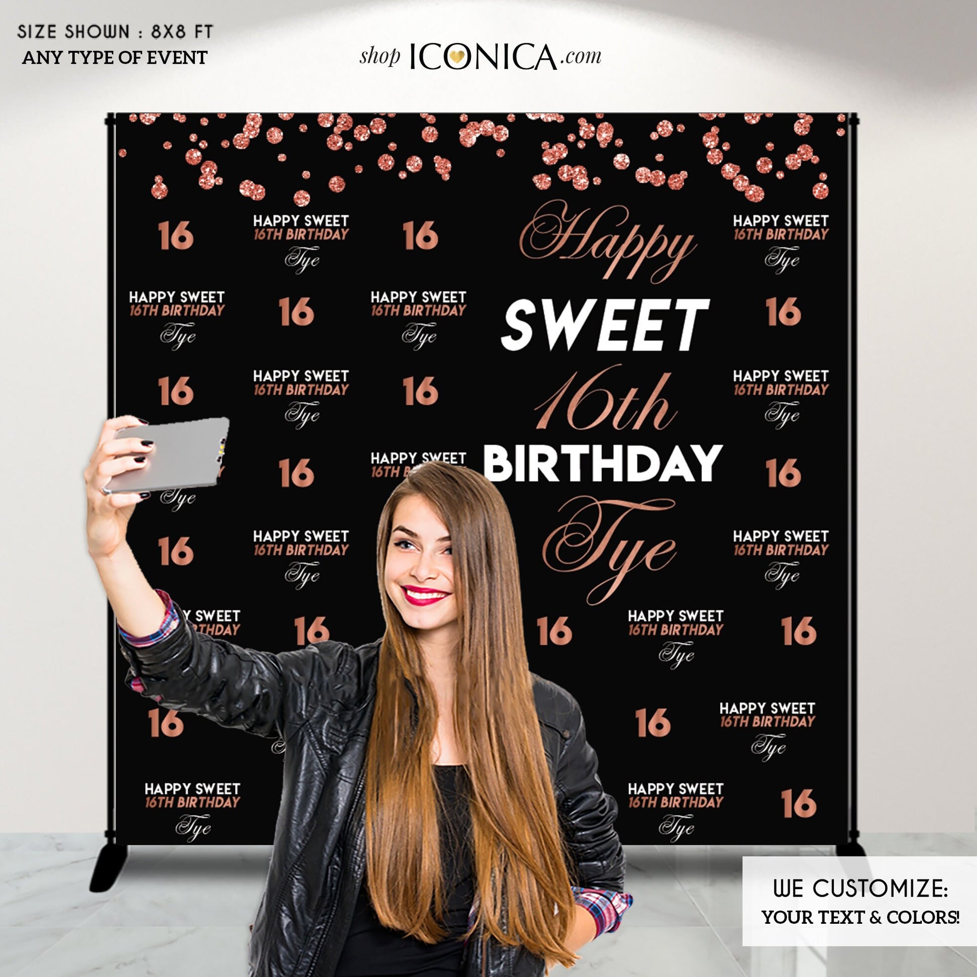 Sweet 16th Birthday Photo Booth Backdrop, Faux Rose Gold, Personalized