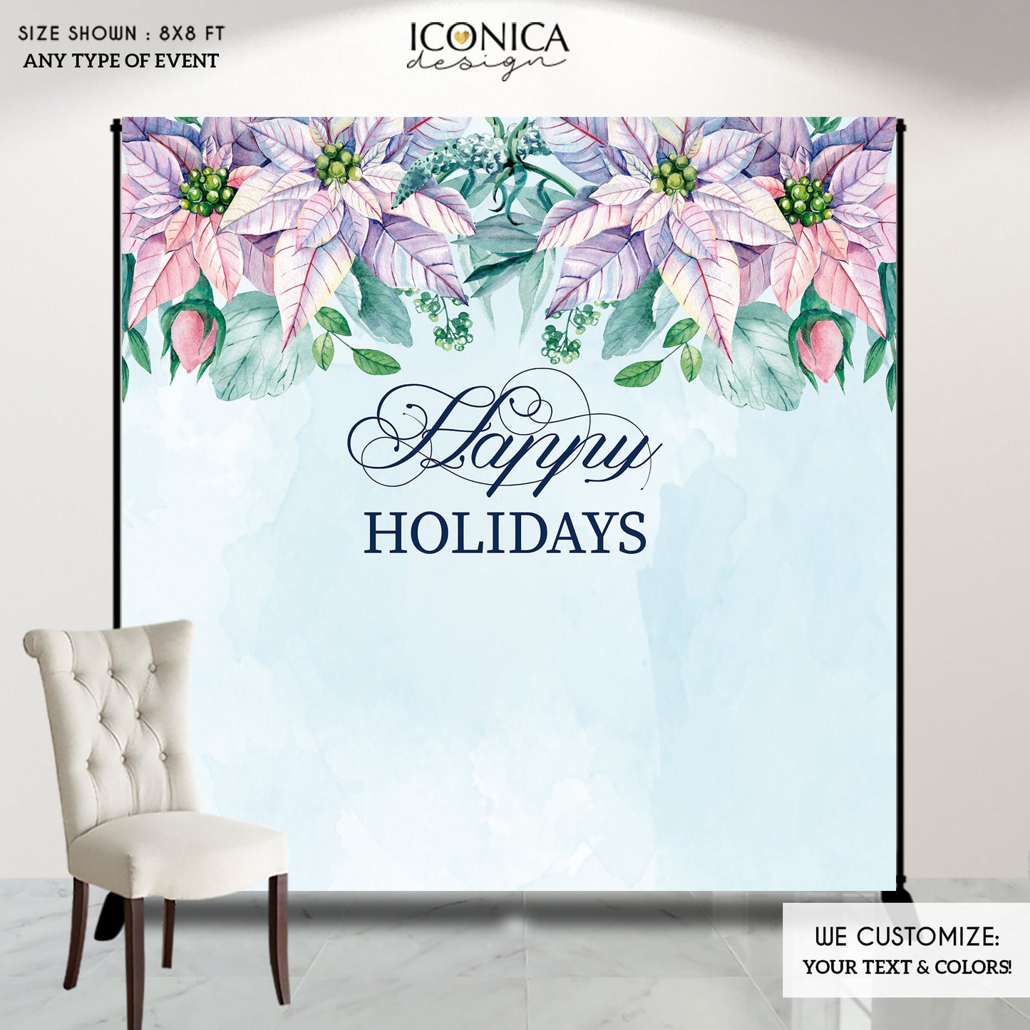 Pastel Poinsettia Christmas Backdrop, Holiday Party Banner (Printed or Digital File)