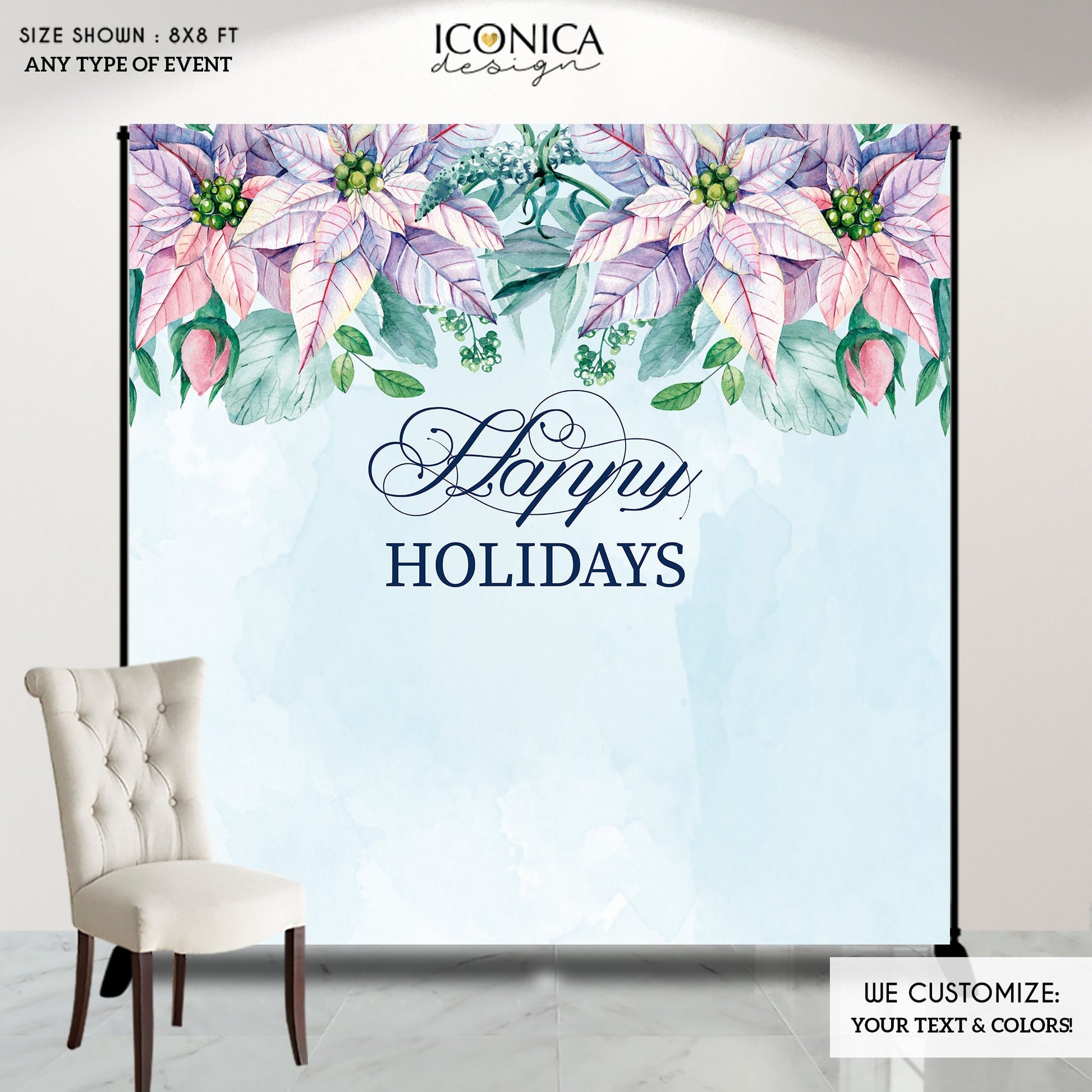 Pastel Poinsettia Christmas Backdrop, Holiday Party Banner (Printed or Digital File)