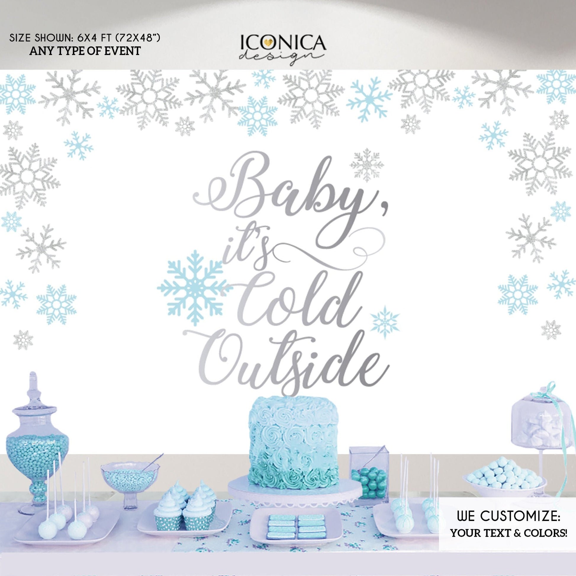 Baby It's Cold Outside Backdrop, Blue Silver Snowflakes (Printed or Printable File)