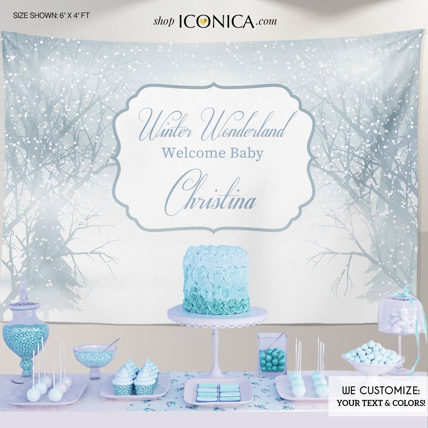 Winter Wonderland Baby Shower Backdrop, Personalized Party Decor