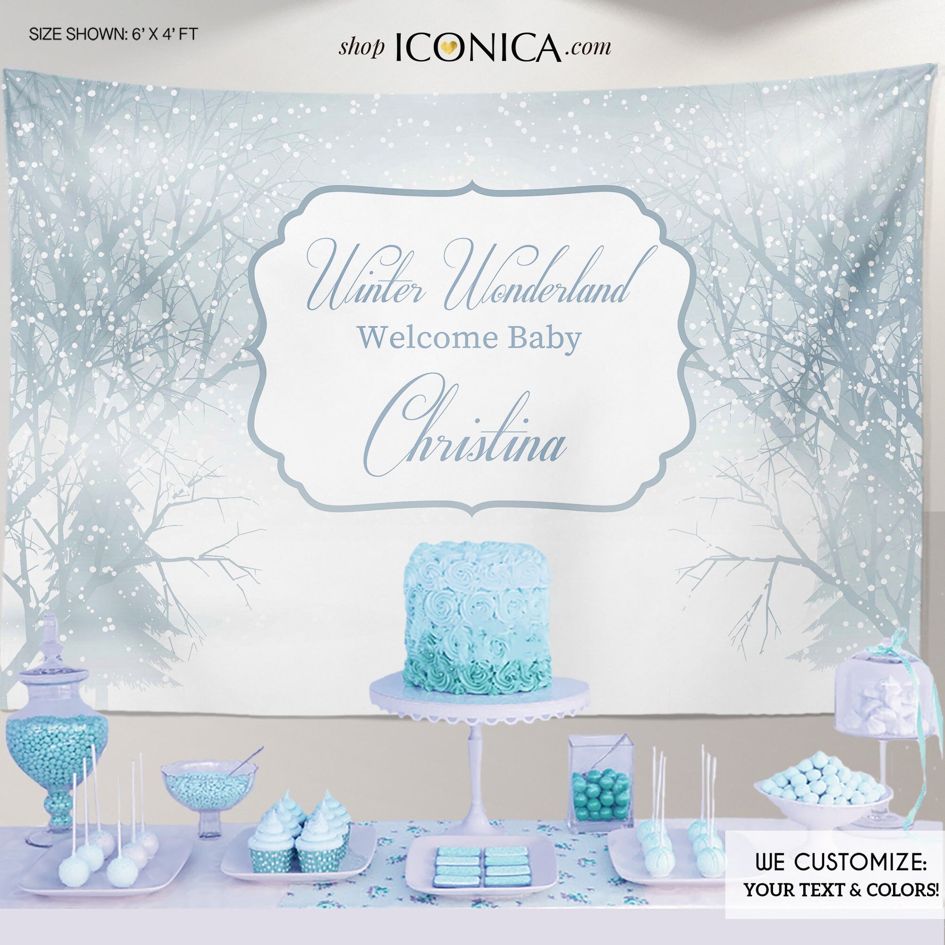 Winter Wonderland Baby Shower Backdrop, Personalized Party Decor