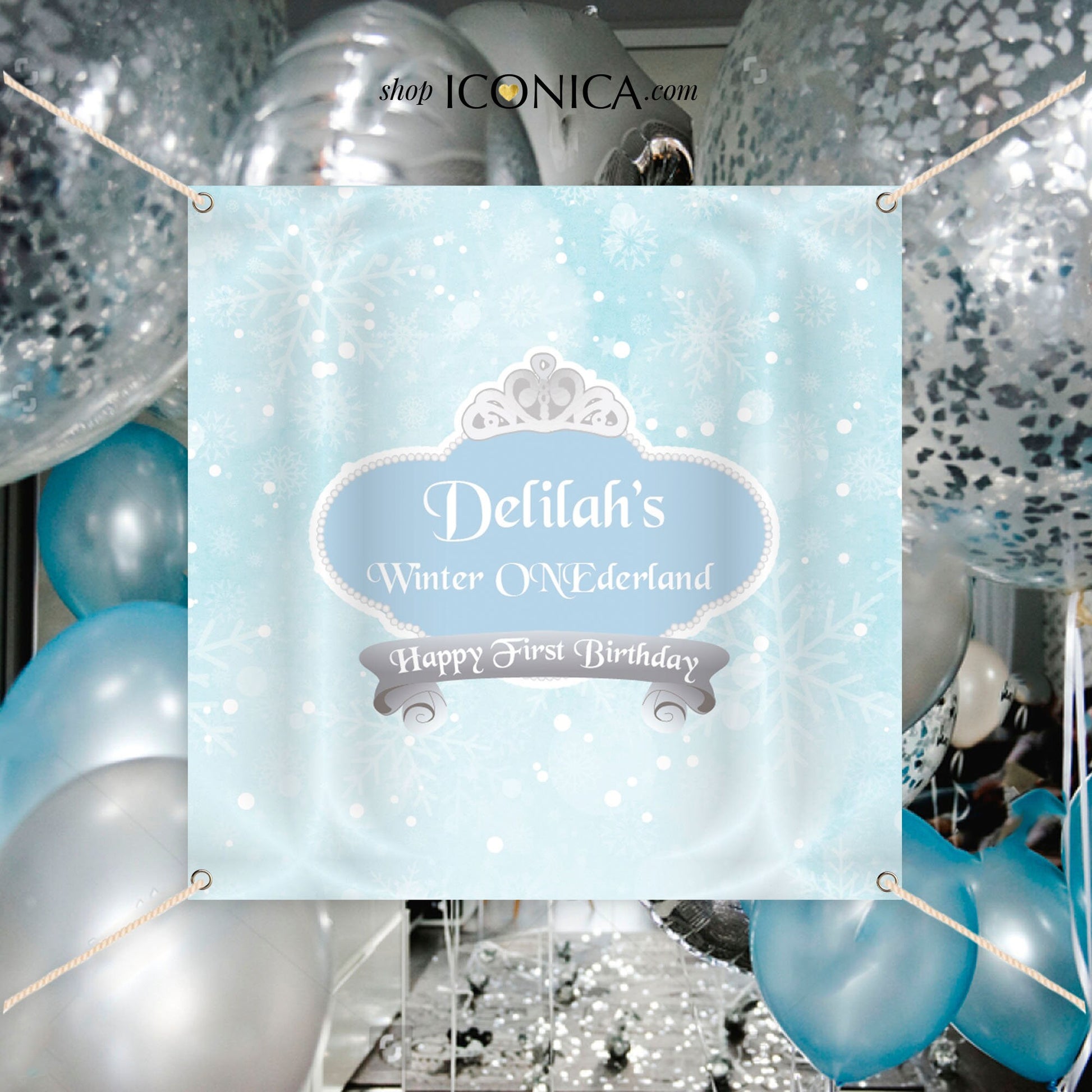 Winter ONEderland Backdrop, Ice Blue Snowflakes, 1st Birthday