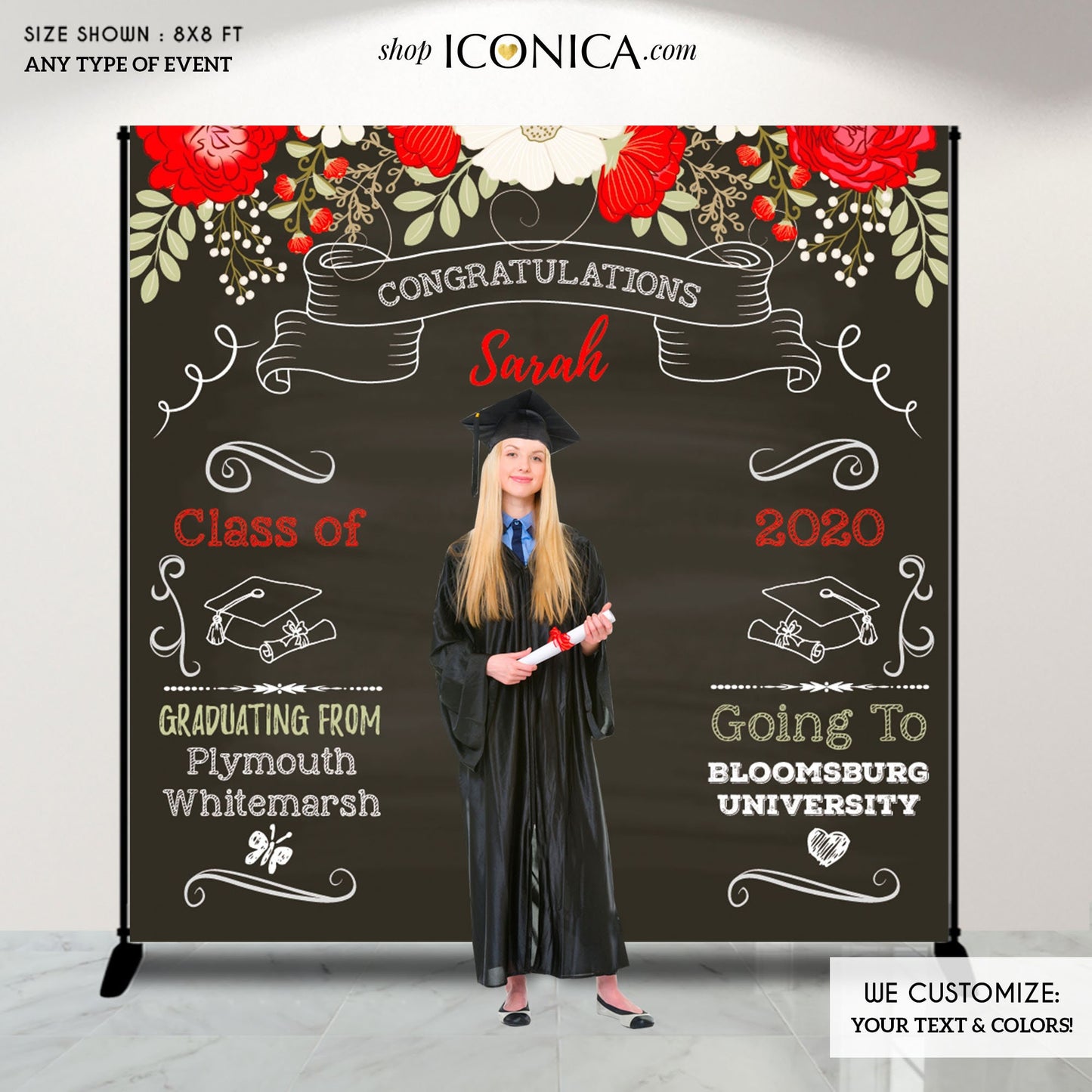 Floral Graduation Photo Booth Backdrop, Personalized Celebration Banner (Printed or Printable File)