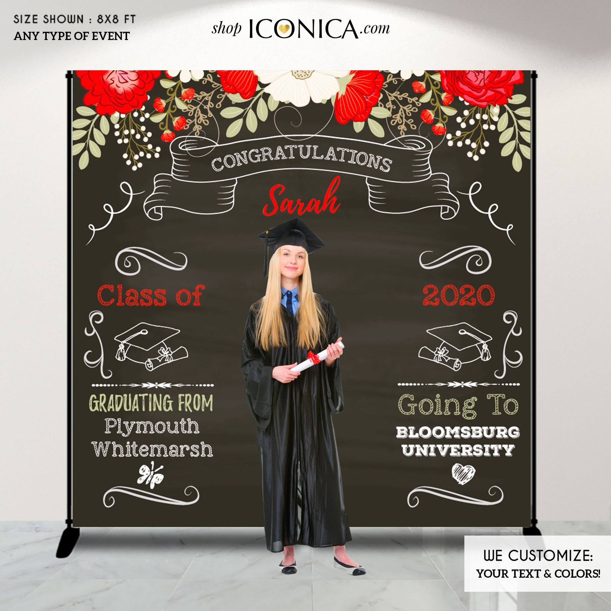 Floral Graduation Photo Booth Backdrop, Personalized Celebration Banner (Printed or Printable File)