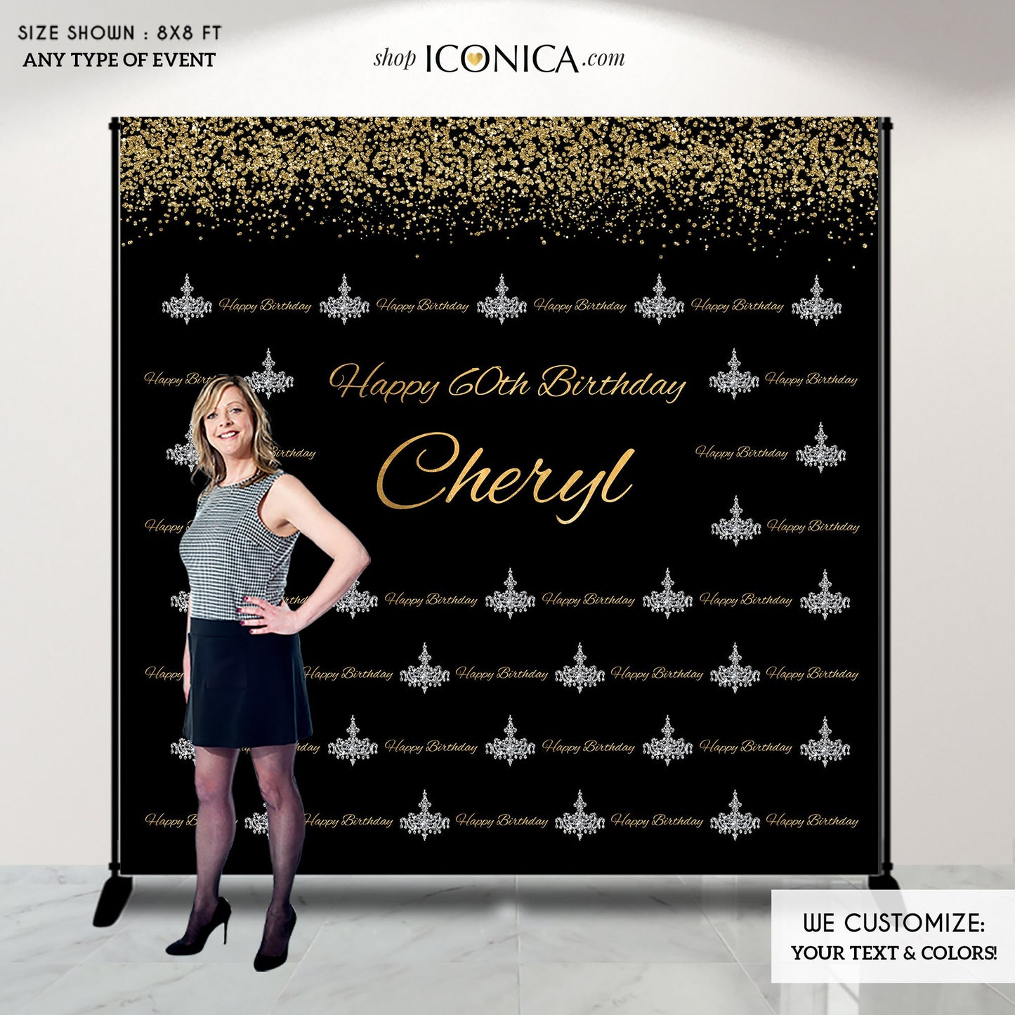 Personalized Birthday Backdrop, Gold Chandelier Banner (Printed or Printable)
