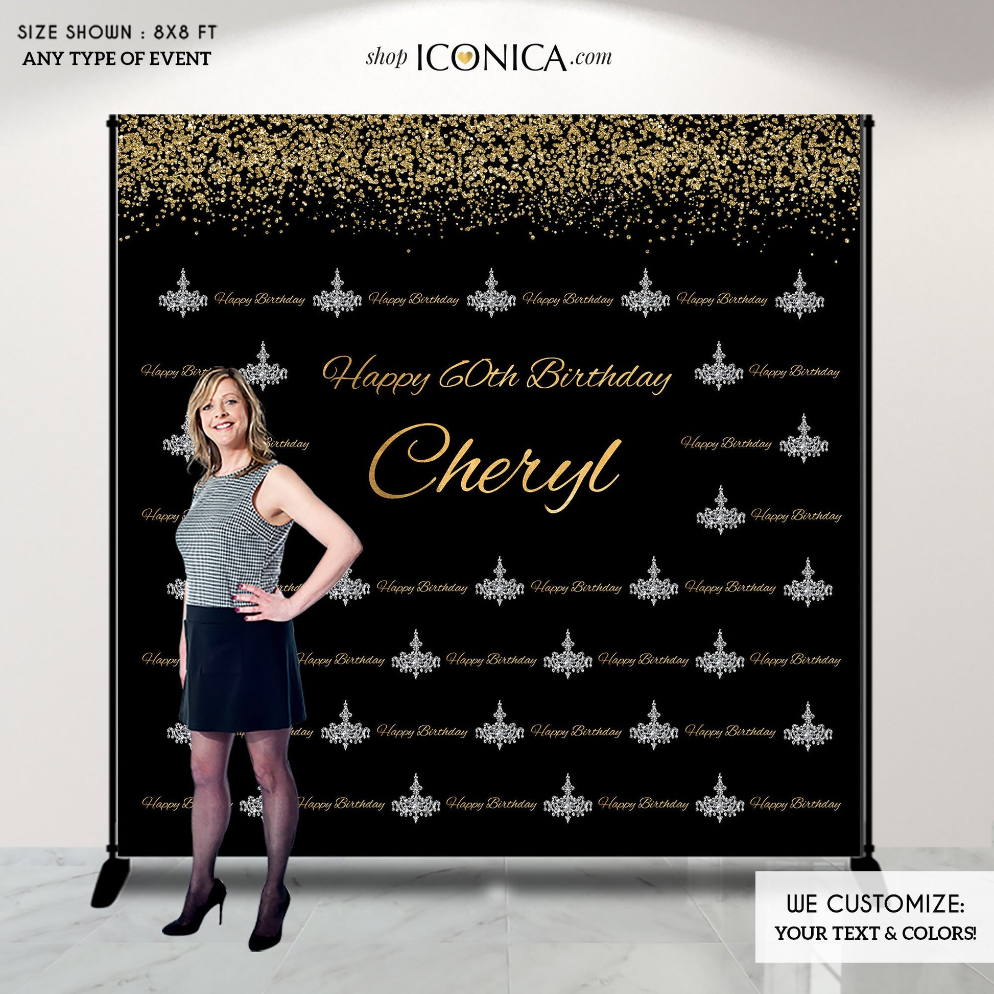 Personalized Birthday Backdrop, Gold Chandelier Banner (Printed or Printable)