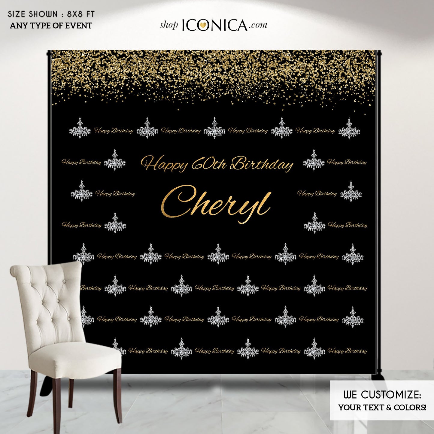 Personalized Birthday Backdrop, Gold Chandelier Banner (Printed or Printable)