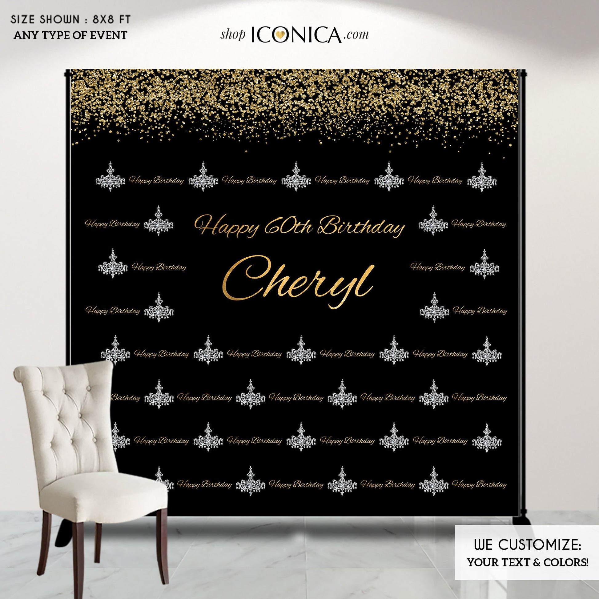 Personalized Birthday Backdrop, Gold Chandelier Banner (Printed or Printable)
