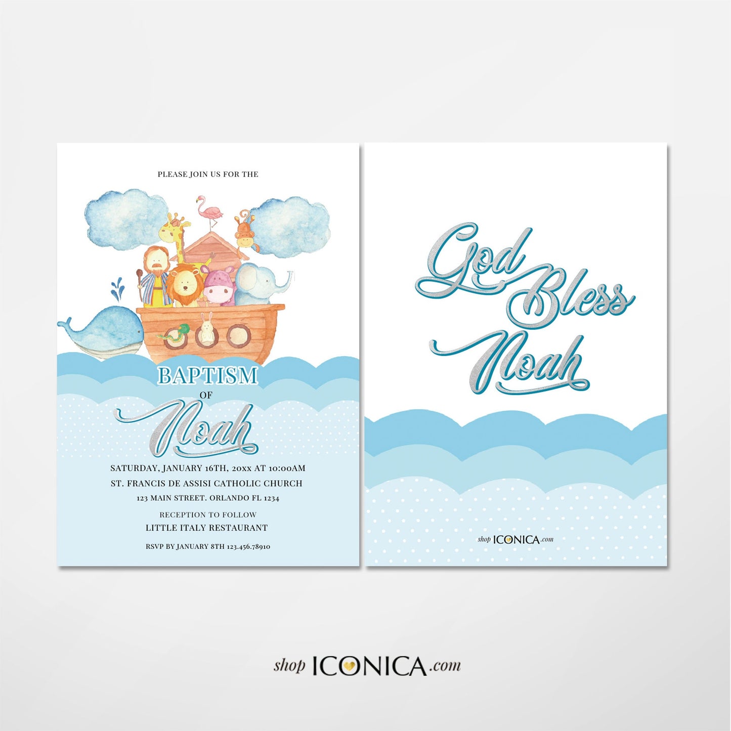 Noah's Ark Baby Shower Invitation, Boys Birthday, Baptism Cards
