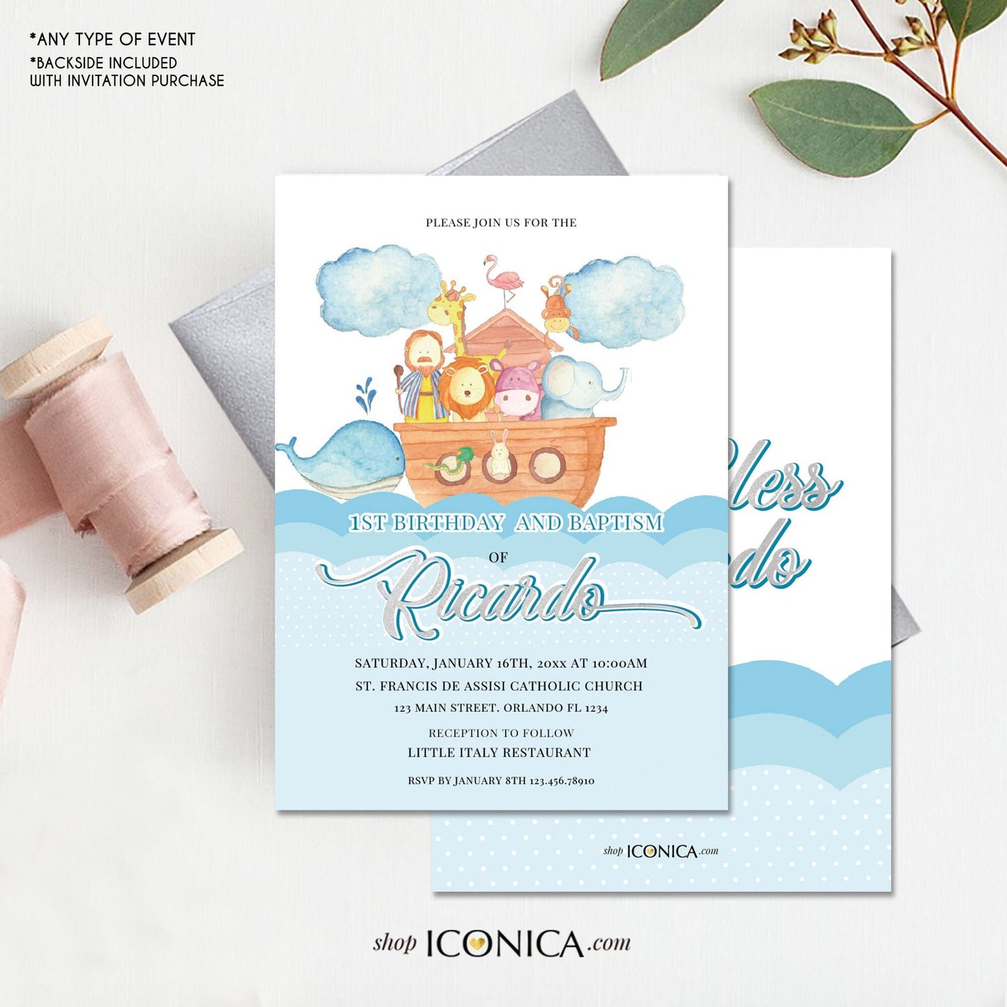 Noah's Ark Baby Shower Invitation, Boys Birthday, Baptism Cards